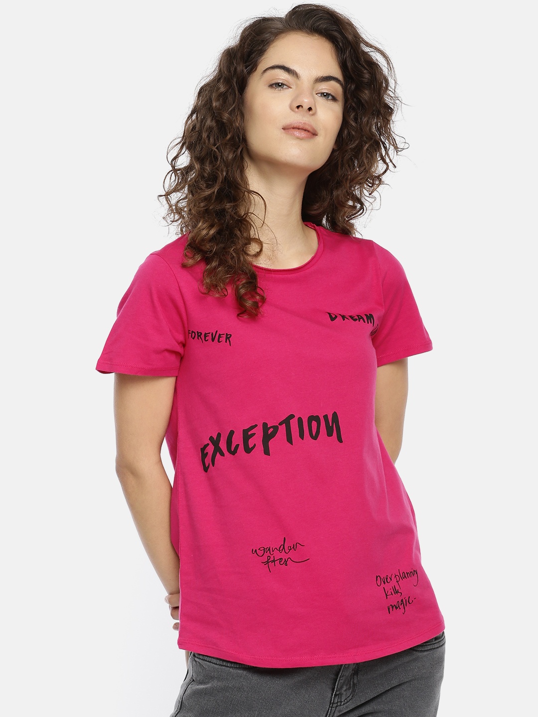 

People Women Magenta Printed Round Neck Pure Cotton T-shirt