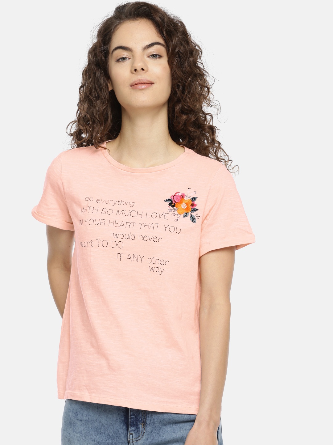 

People Women Pink Printed Round Neck Pure Cotton T-shirt