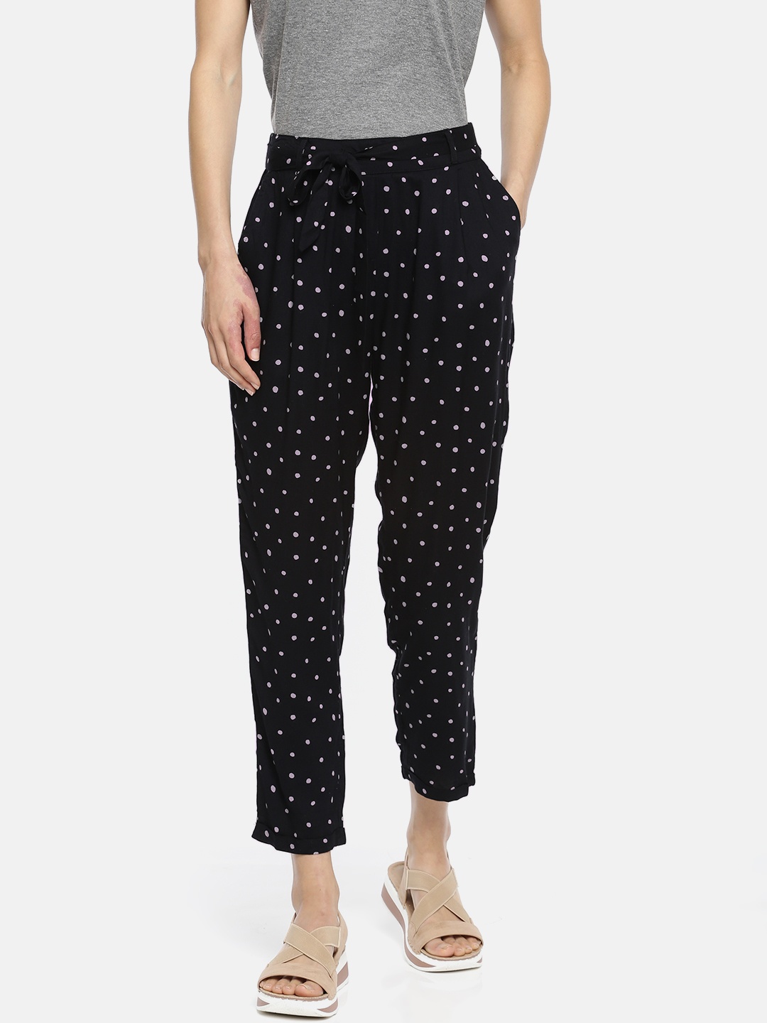 

People Women Black Straight Fit Printed Regular Trousers