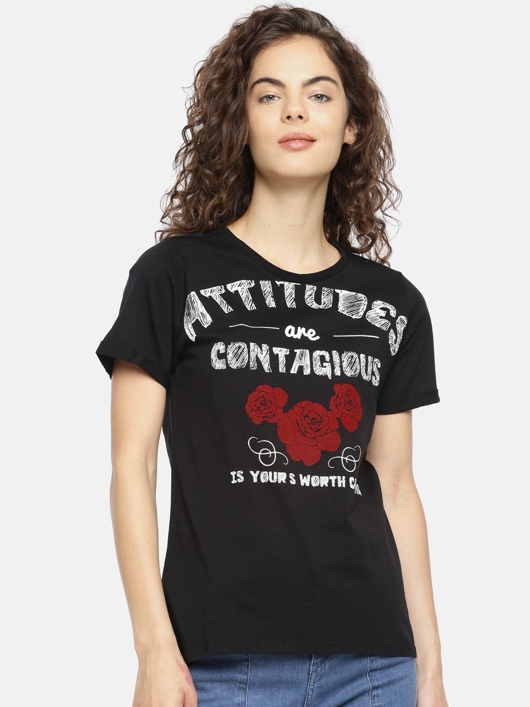 

People Women Black White Printed Round Neck Pure Cotton T-shirt