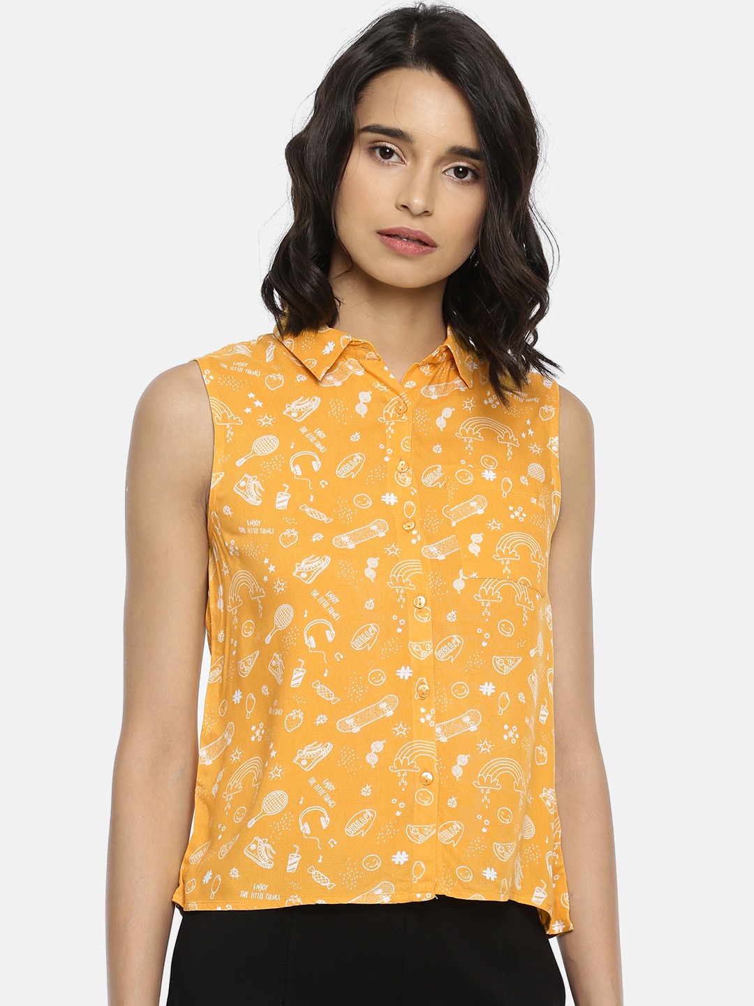 

People Women Mustard Yellow Regular Fit Printed Casual Shirt