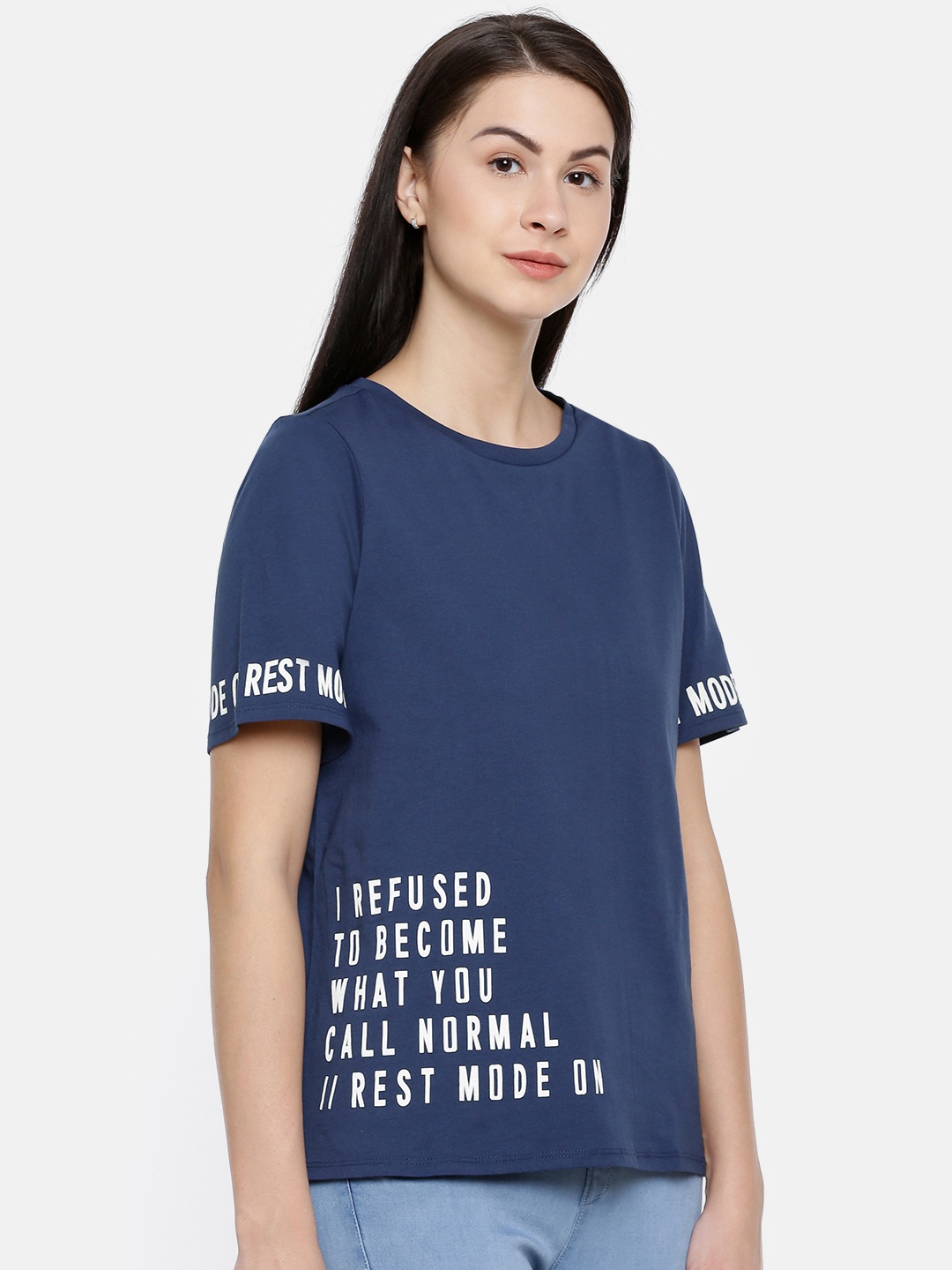 

People Women Navy Blue Printed Round Neck Pure Cotton T-shirt