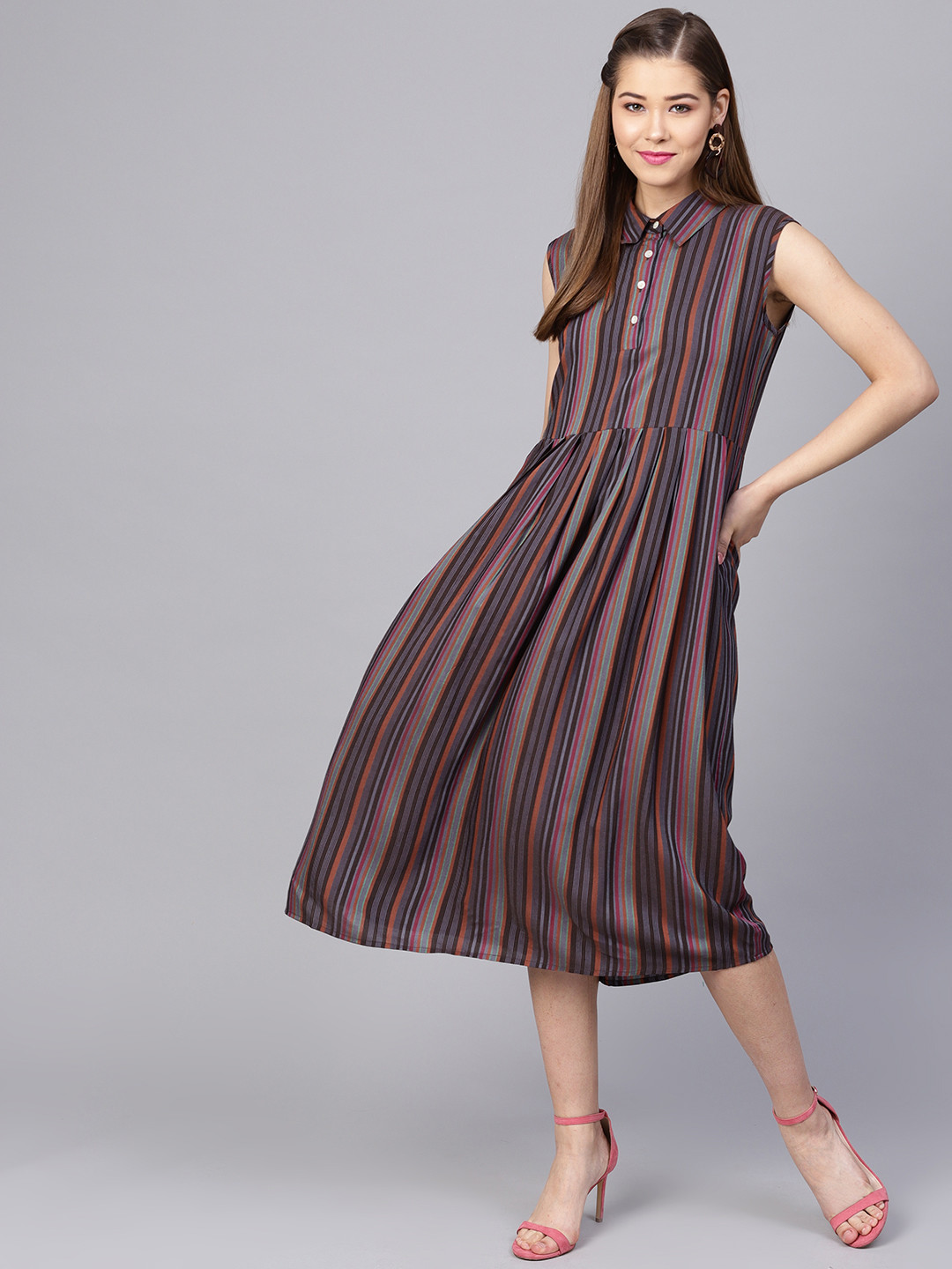 

Yuris Women Coffee Brown & Mauve Striped Shirt Dress