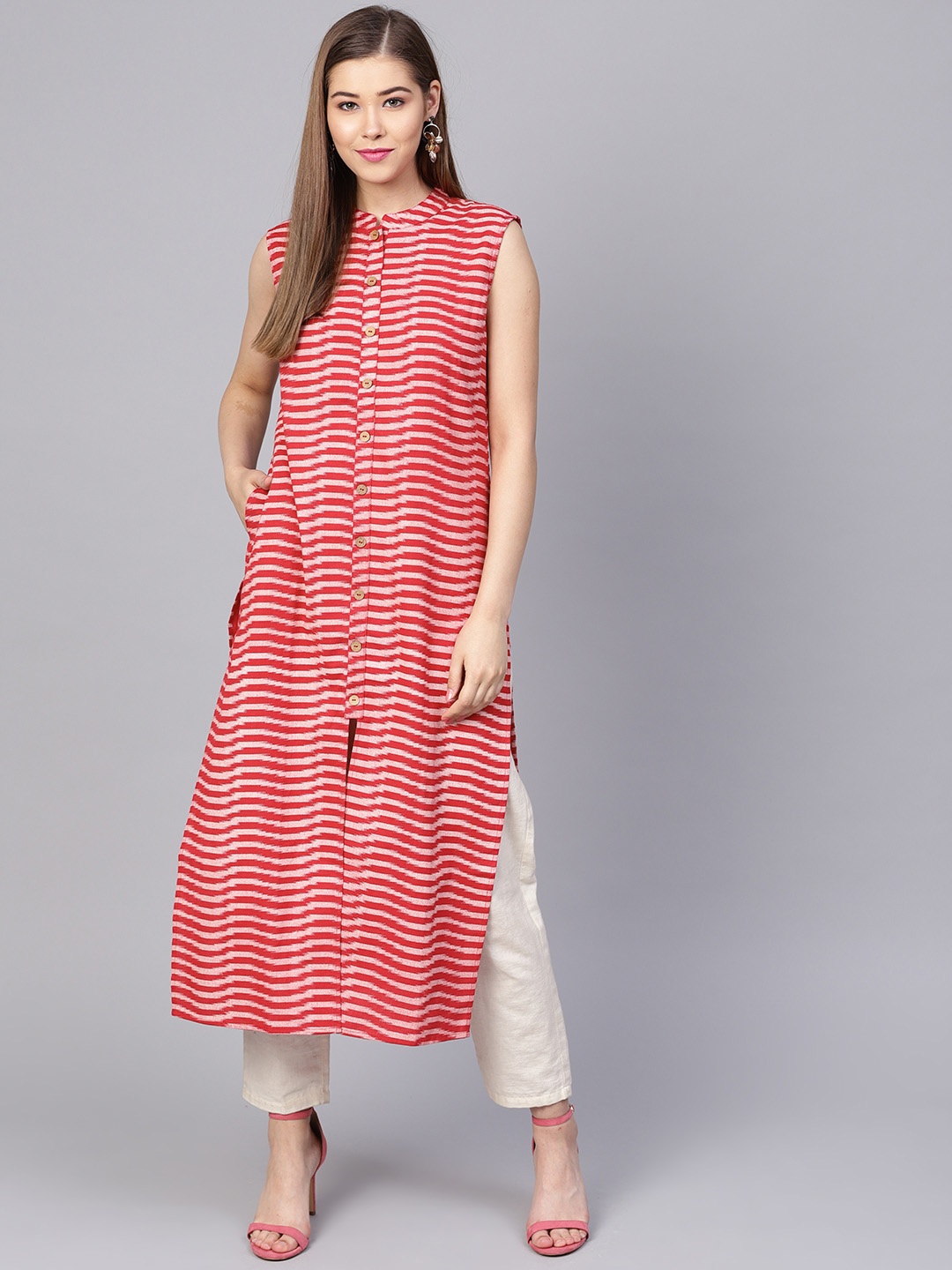 

Yuris Women Red & Off-White Striped Straight Kurta