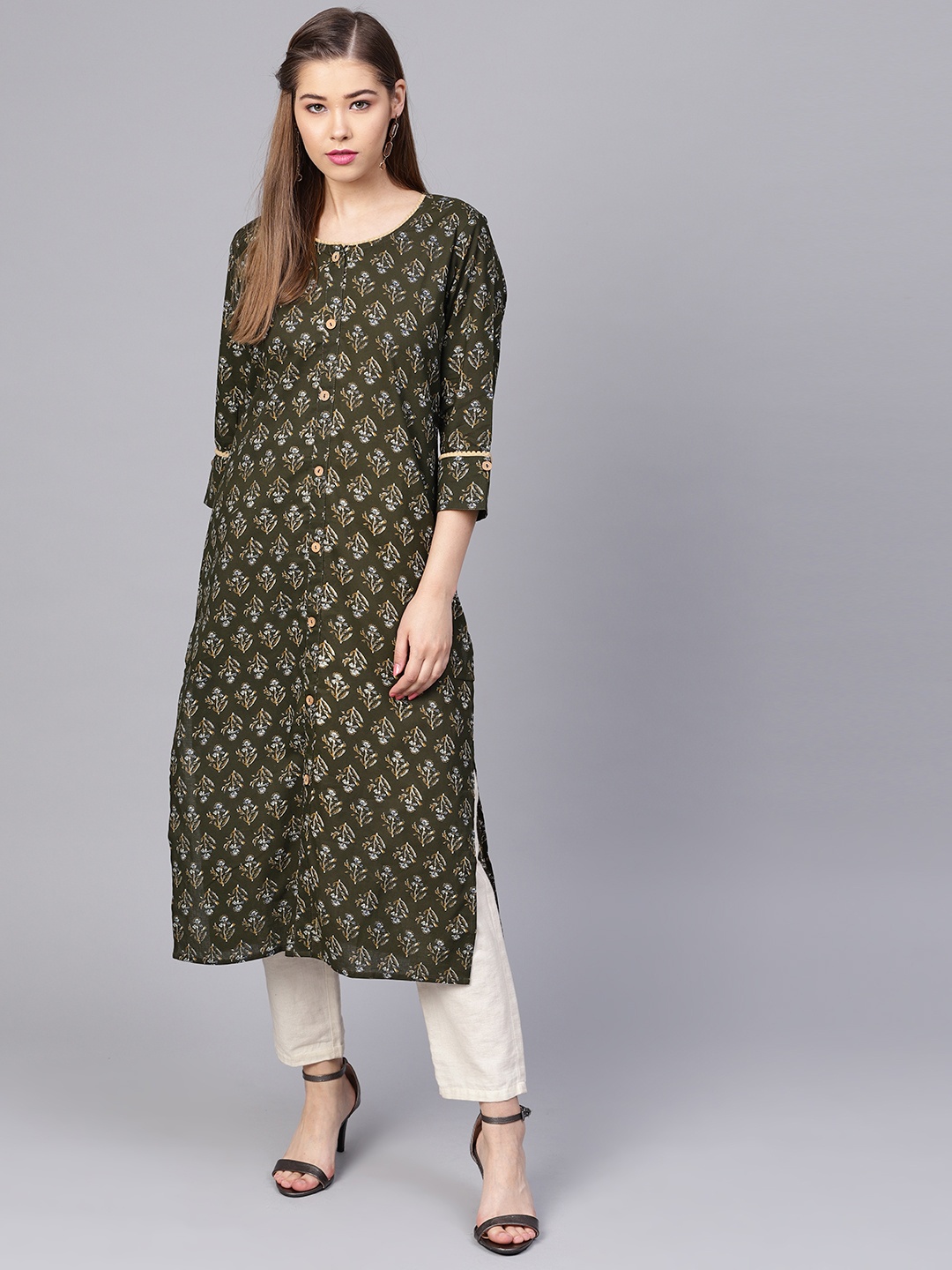 

Yuris Women Olive Green Printed Straight Kurta
