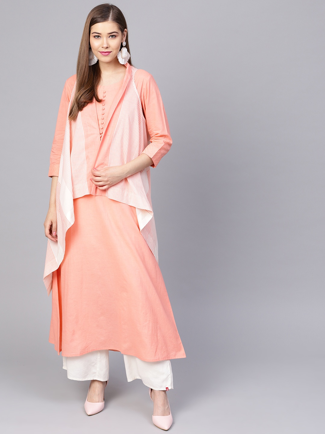 

Yuris Women Peach-Coloured & White Solid A-Line Kurta with Ethnic Jacket