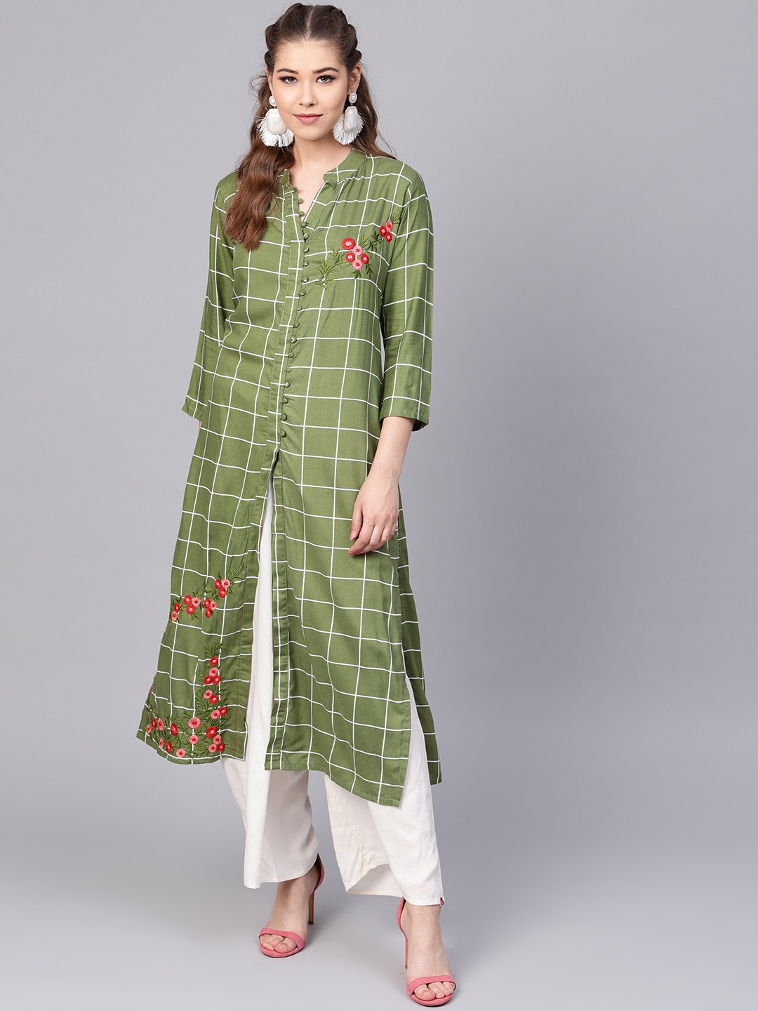 

Yuris Women Olive Green & White Checked Straight Kurta