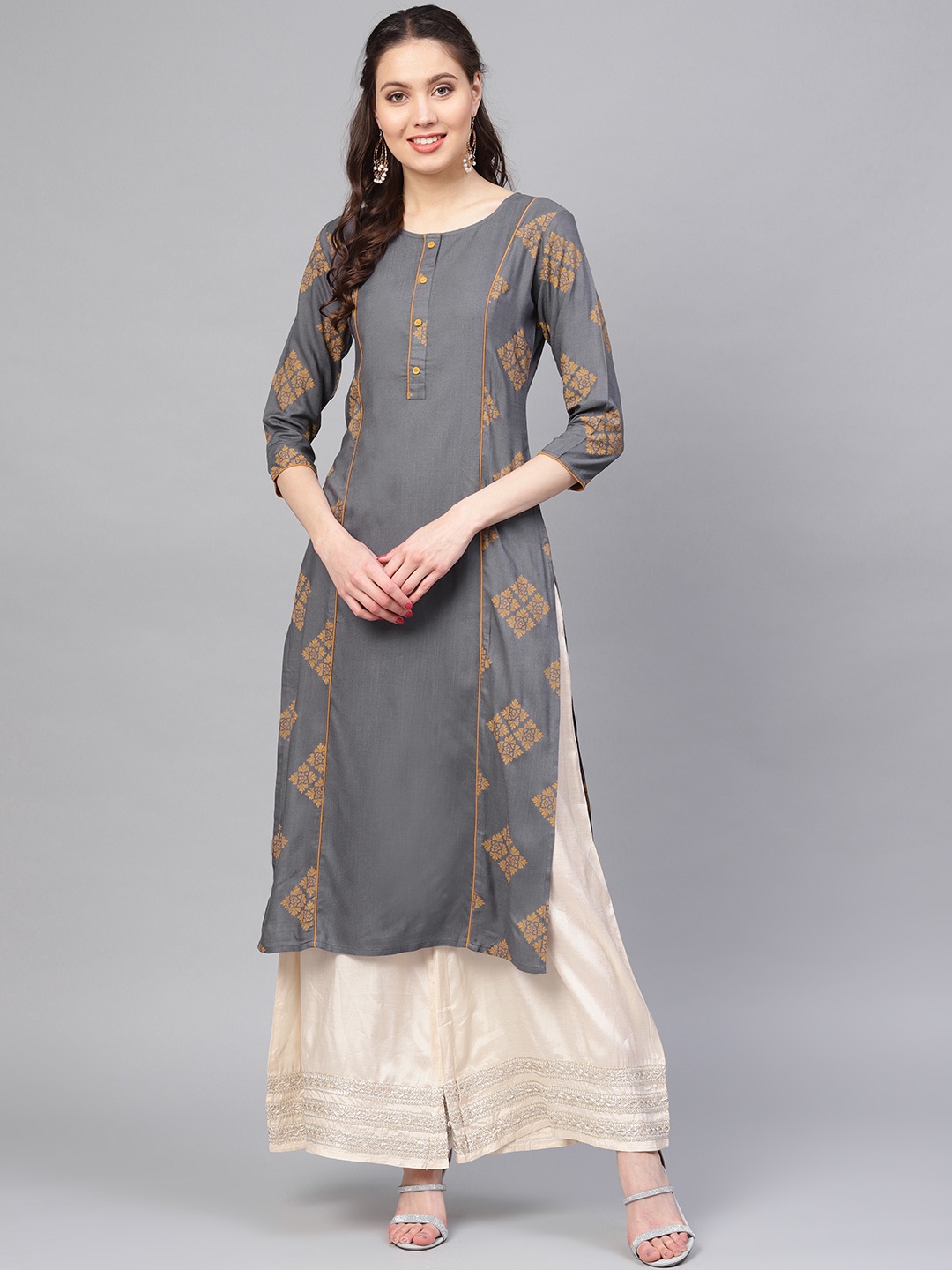 

Yufta Women Charcoal Grey & Yellow Printed Straight Kurta