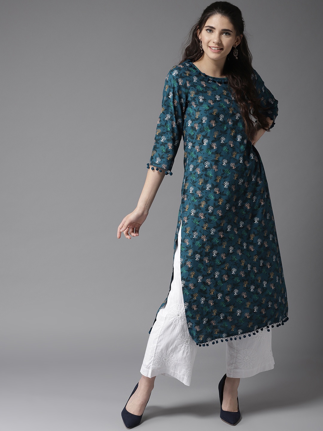 

HERE&NOW Women Teal Blue & White Quirky Printed Straight Kurta