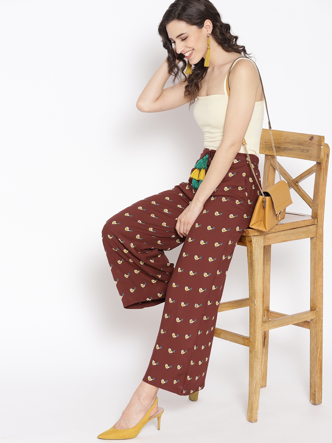 

HERE&NOW Women Brown & Off-White Printed Straight Palazzos