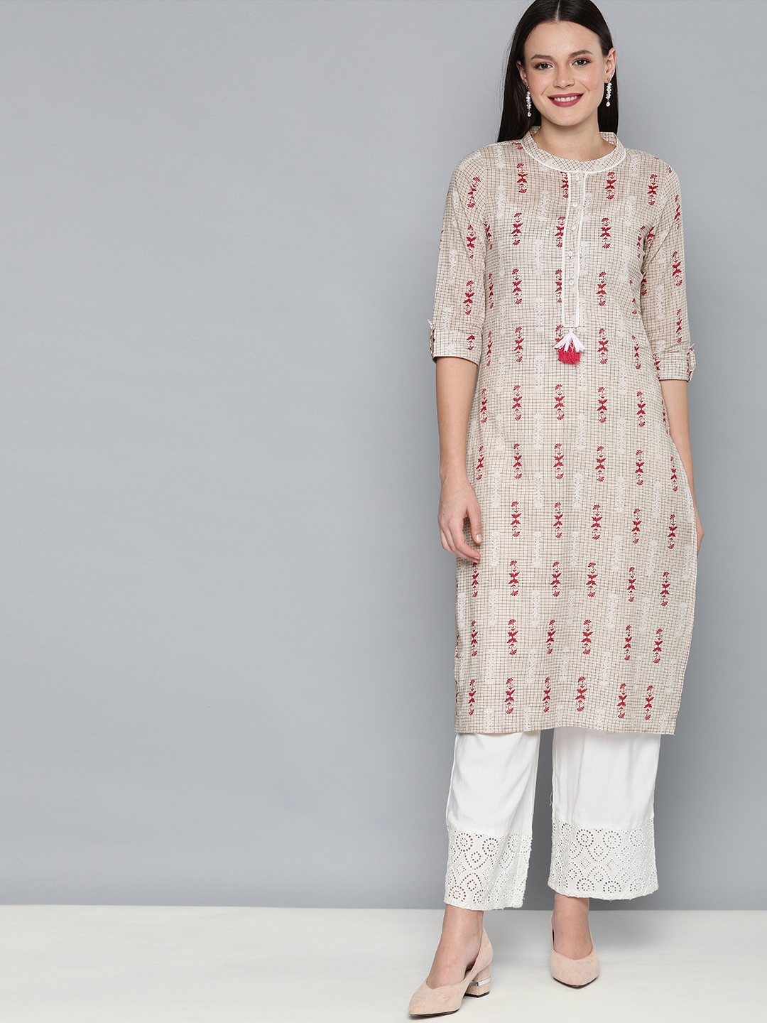 

HERE&NOW Women Off-White & Pink Printed Straight Kurta