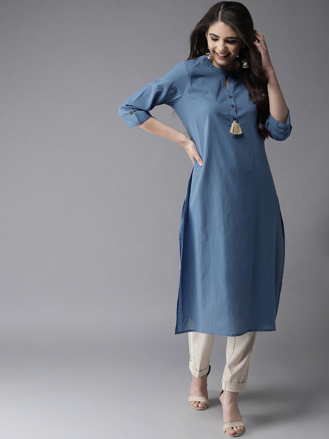 

HERE&NOW Women Blue Solid Straight Kurta