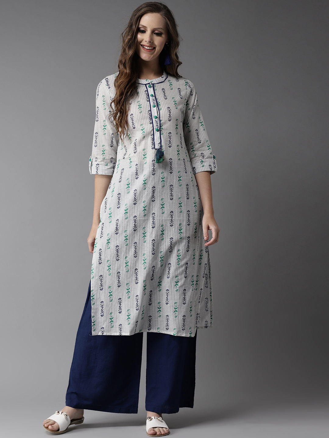 

HERE&NOW Women Off-White & Green Printed Straight Kurta