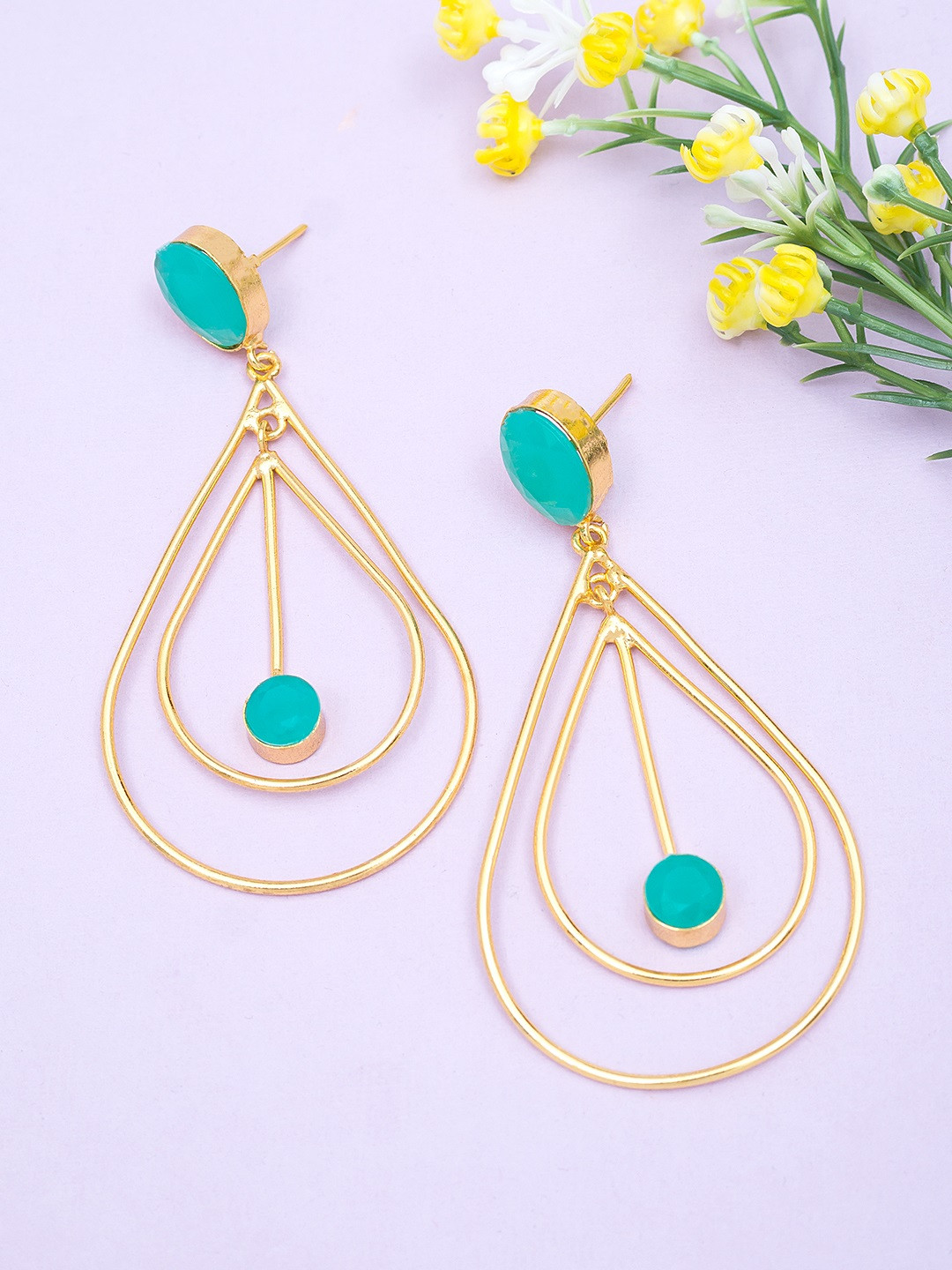 

Golden Peacock Gold-Toned & Green Teardrop Shaped Drop Earrings