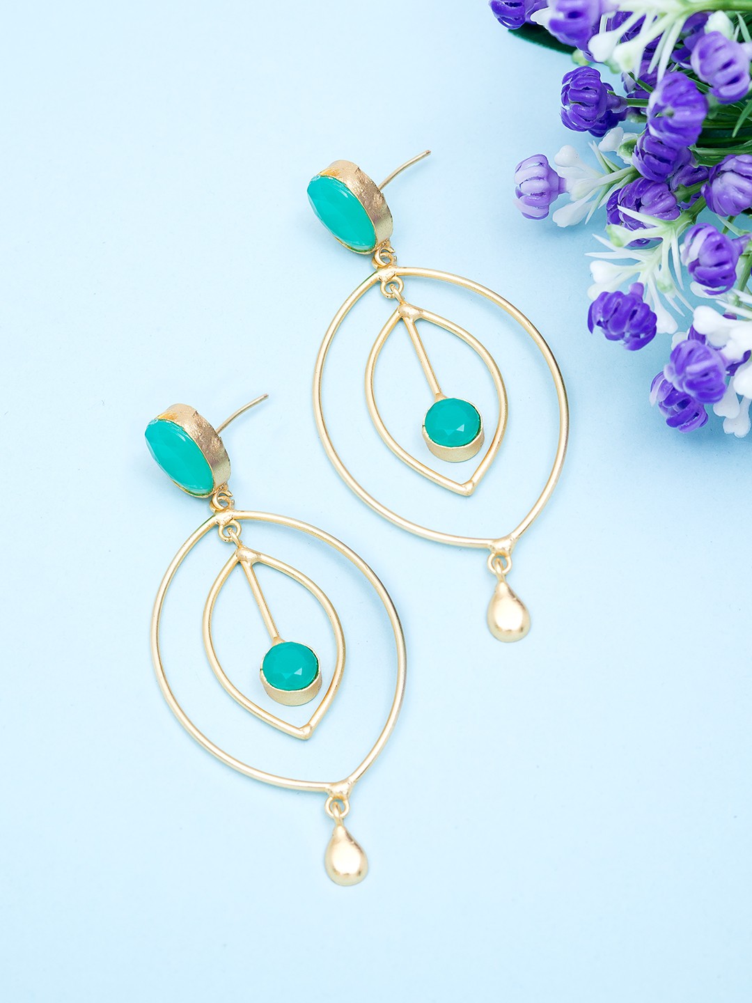 

Golden Peacock Gold-Plated & Green Oval Drop Earrings