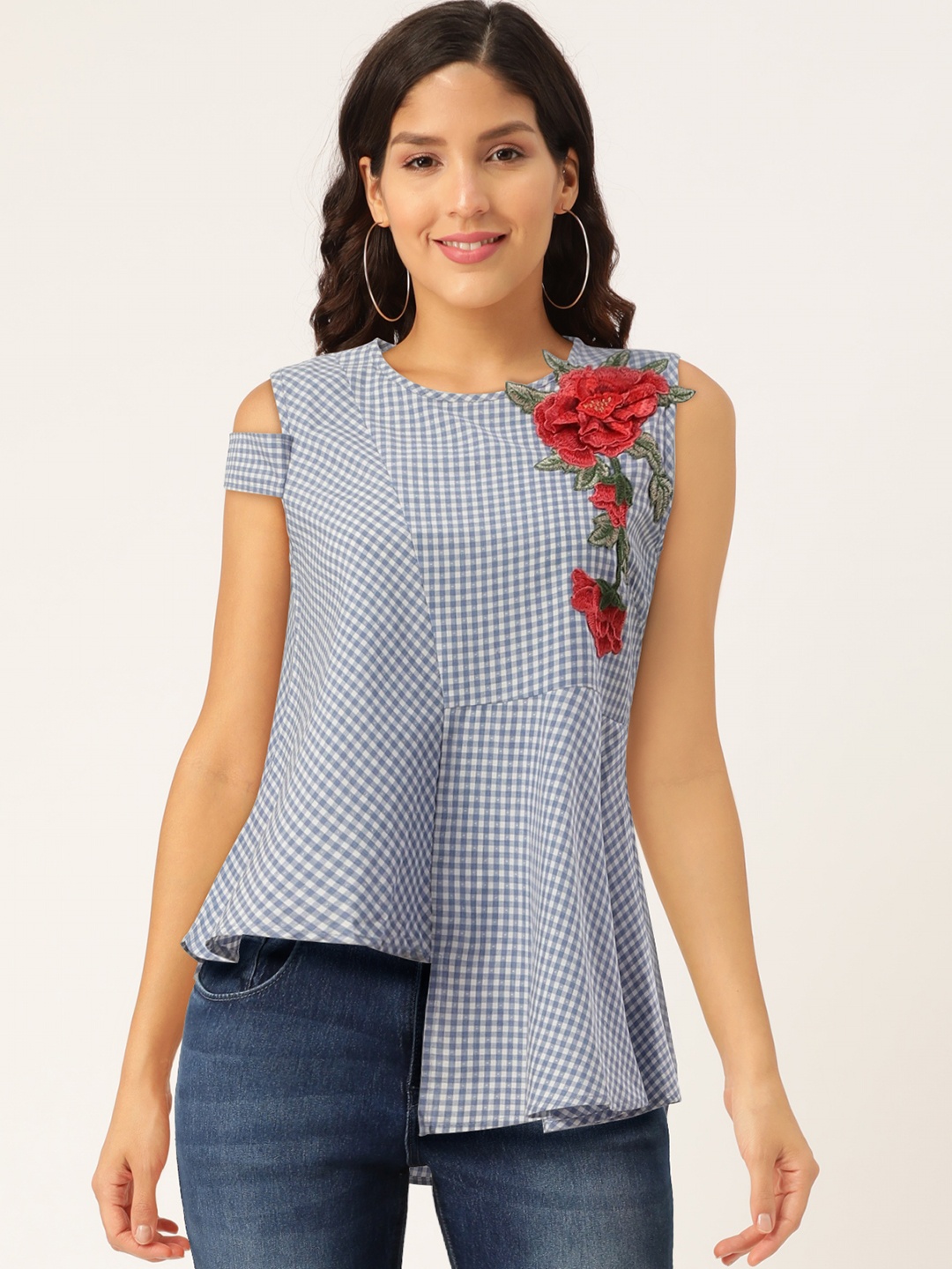 

Madame Women Blue Checked High-Low Top with Embroidery