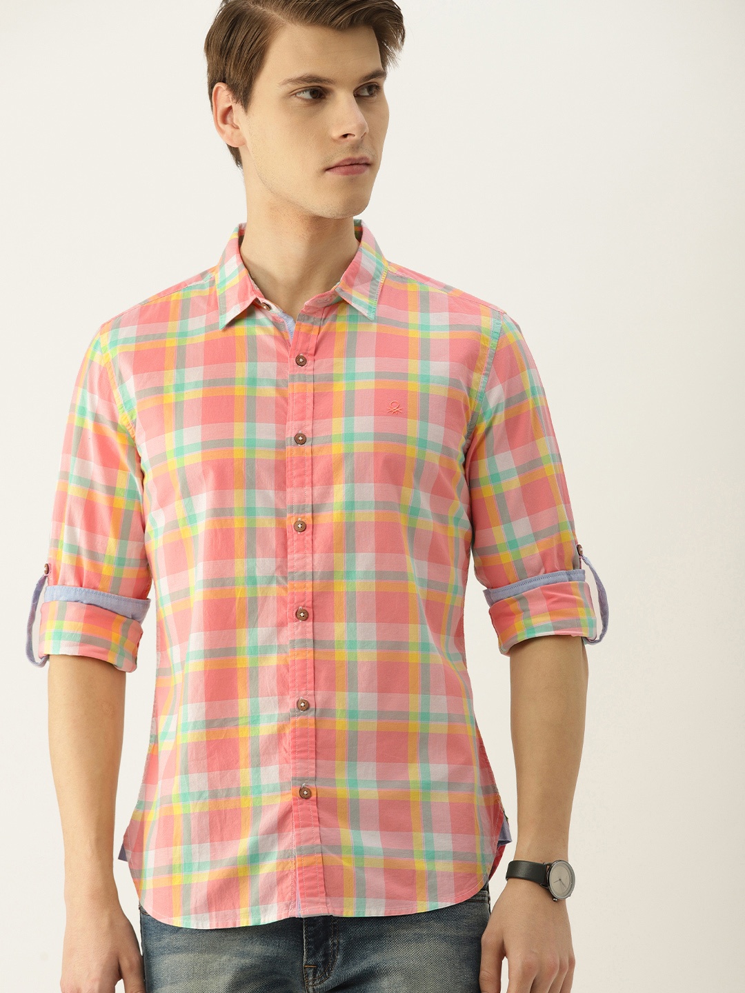 

United Colors of Benetton Men Pink & Green Regular Fit Checked Casual Shirt