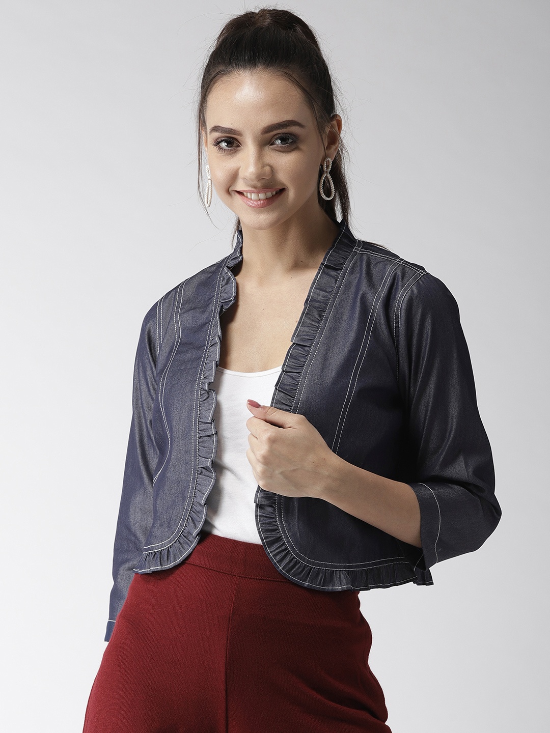 

Style Quotient Navy Blue Solid Chambray Open Front Shrug