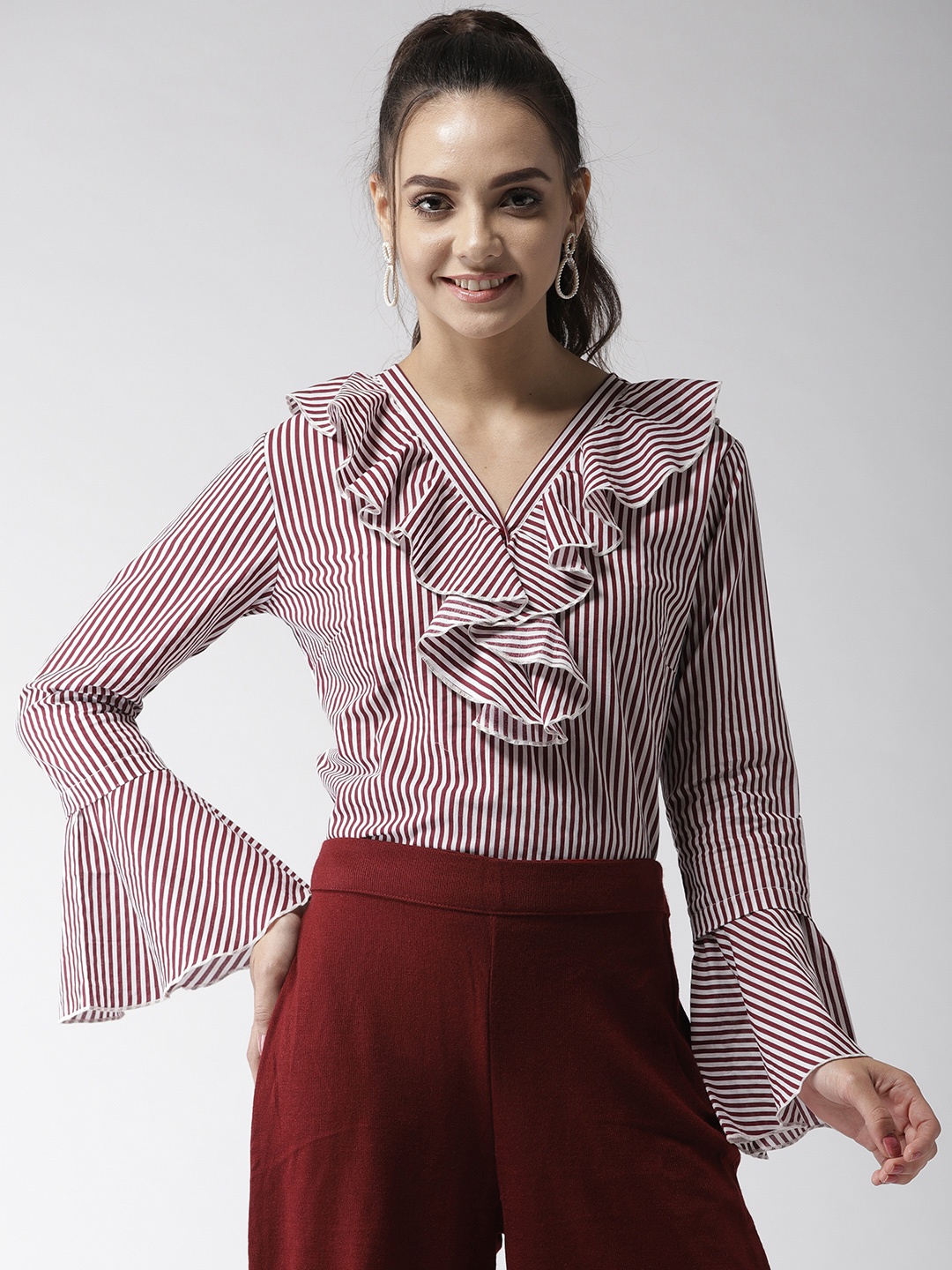 Style Quotient Women Maroon & White Striped Pure Cotton Top