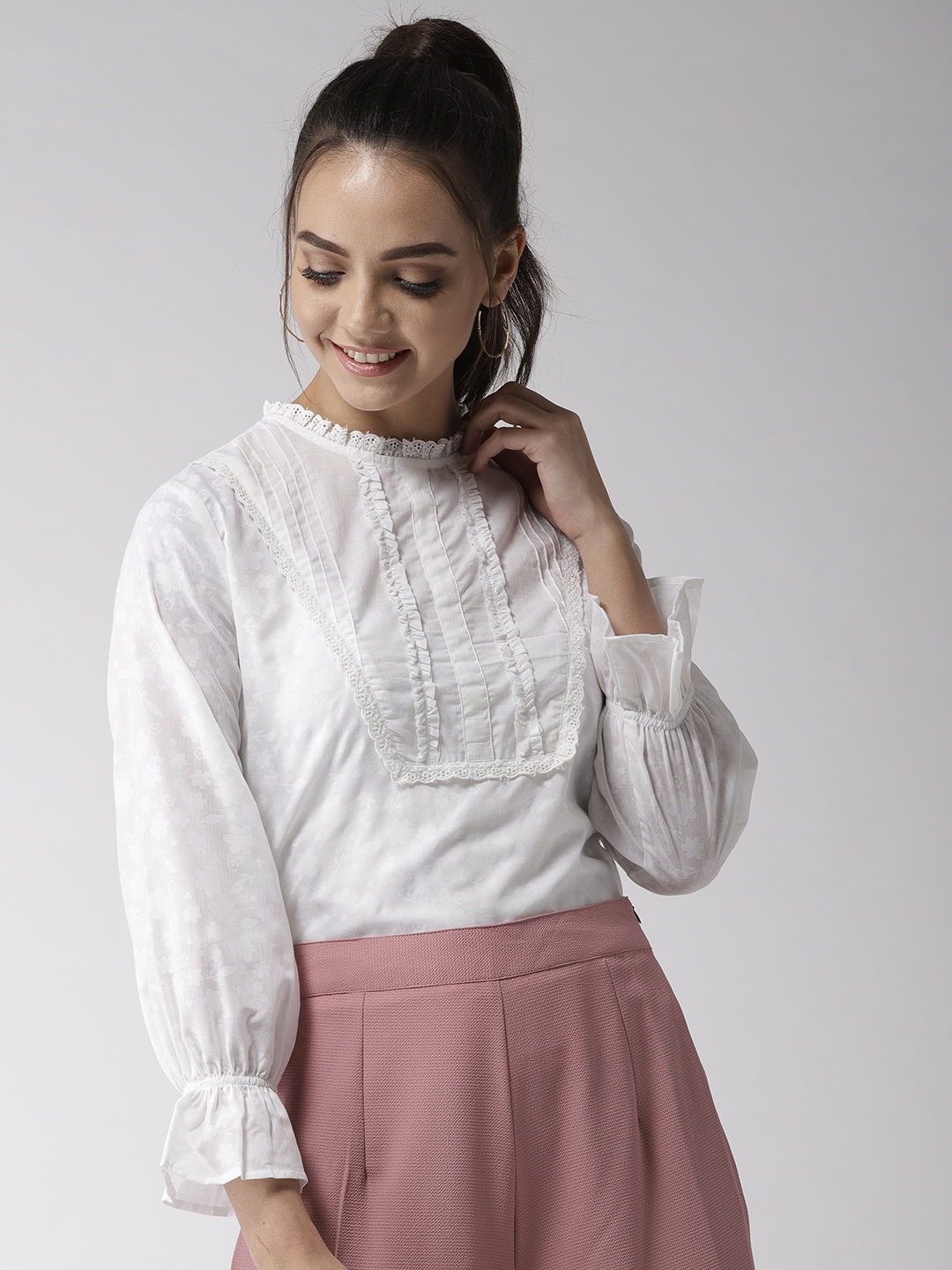 

Style Quotient Off-White Floral Self-Desig Semi-Sheer Pure Cotton Top