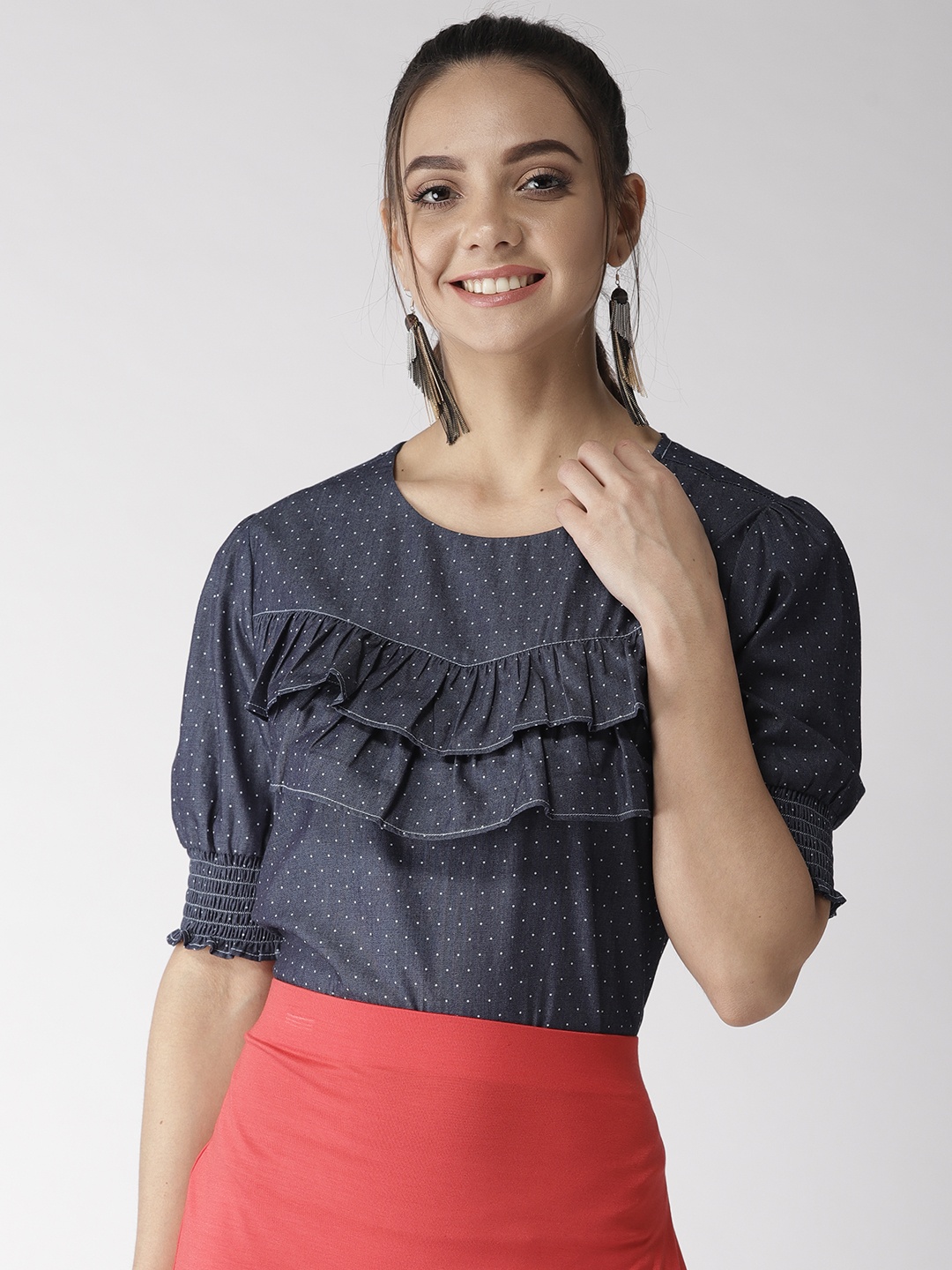 Style Quotient Women Navy Blue Chambray Printed Top