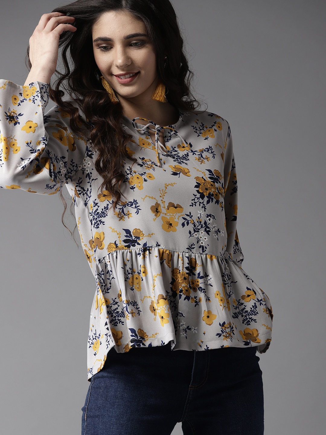 

HERE&NOW Women Grey & Mustard Yellow Printed A-Line Top