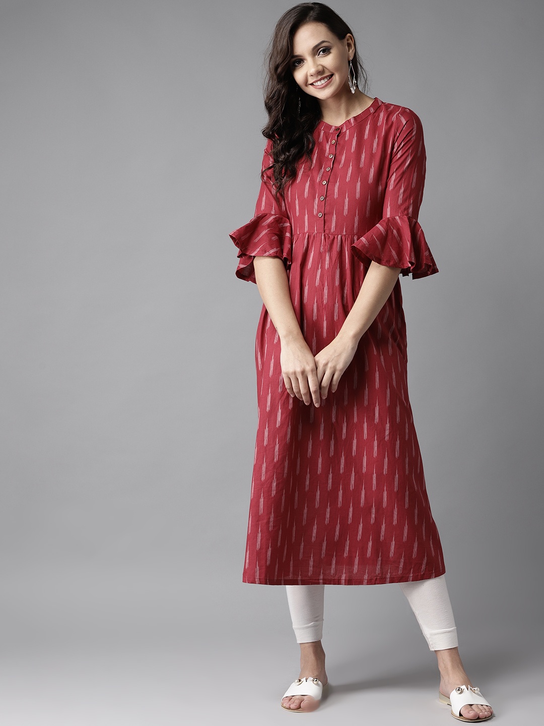 

HERE&NOW Women Maroon & White Printed A-Line Kurta