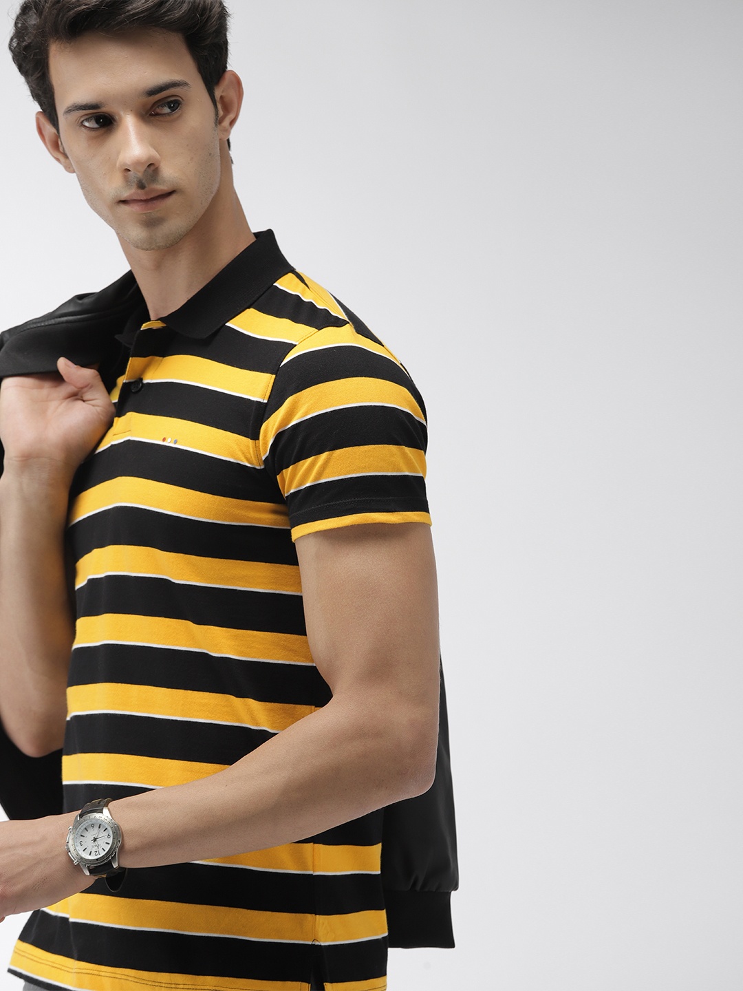 

Harvard Men Yellow & Black Striped Polo Collar T-shirt