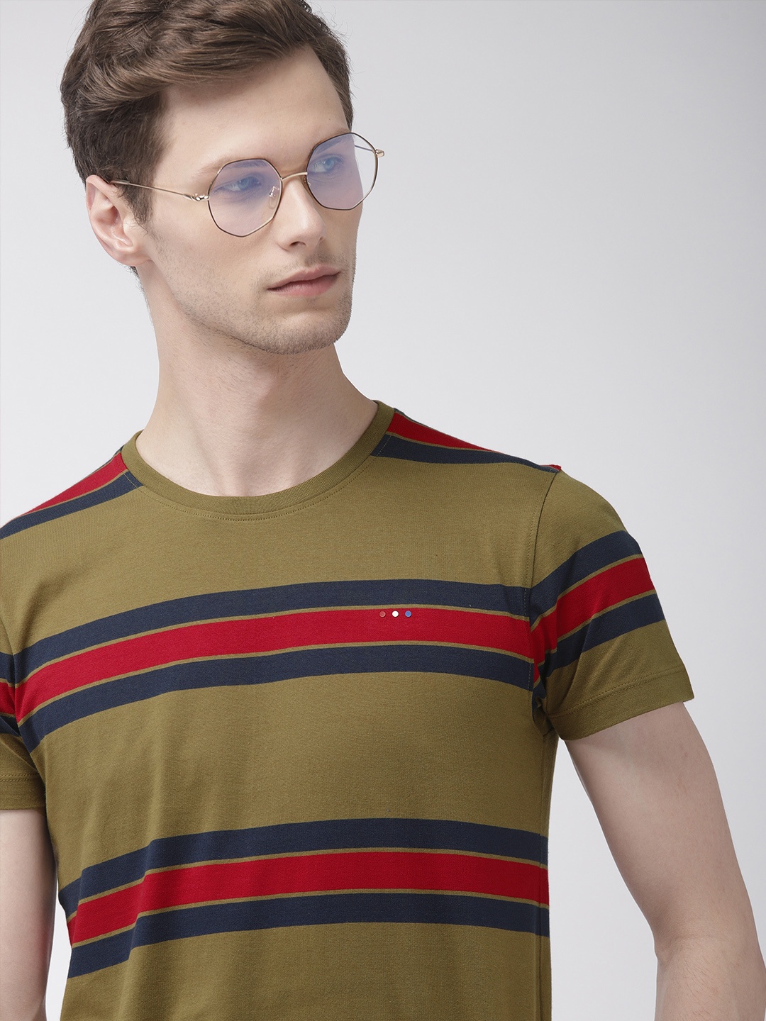 

Harvard Men Olive Green Red Striped Round Neck Pure Cotton T-shirt