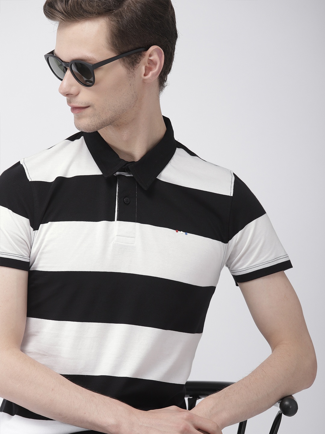 

Harvard Men Black White Striped Polo Collar Pure Cotton T-shirt
