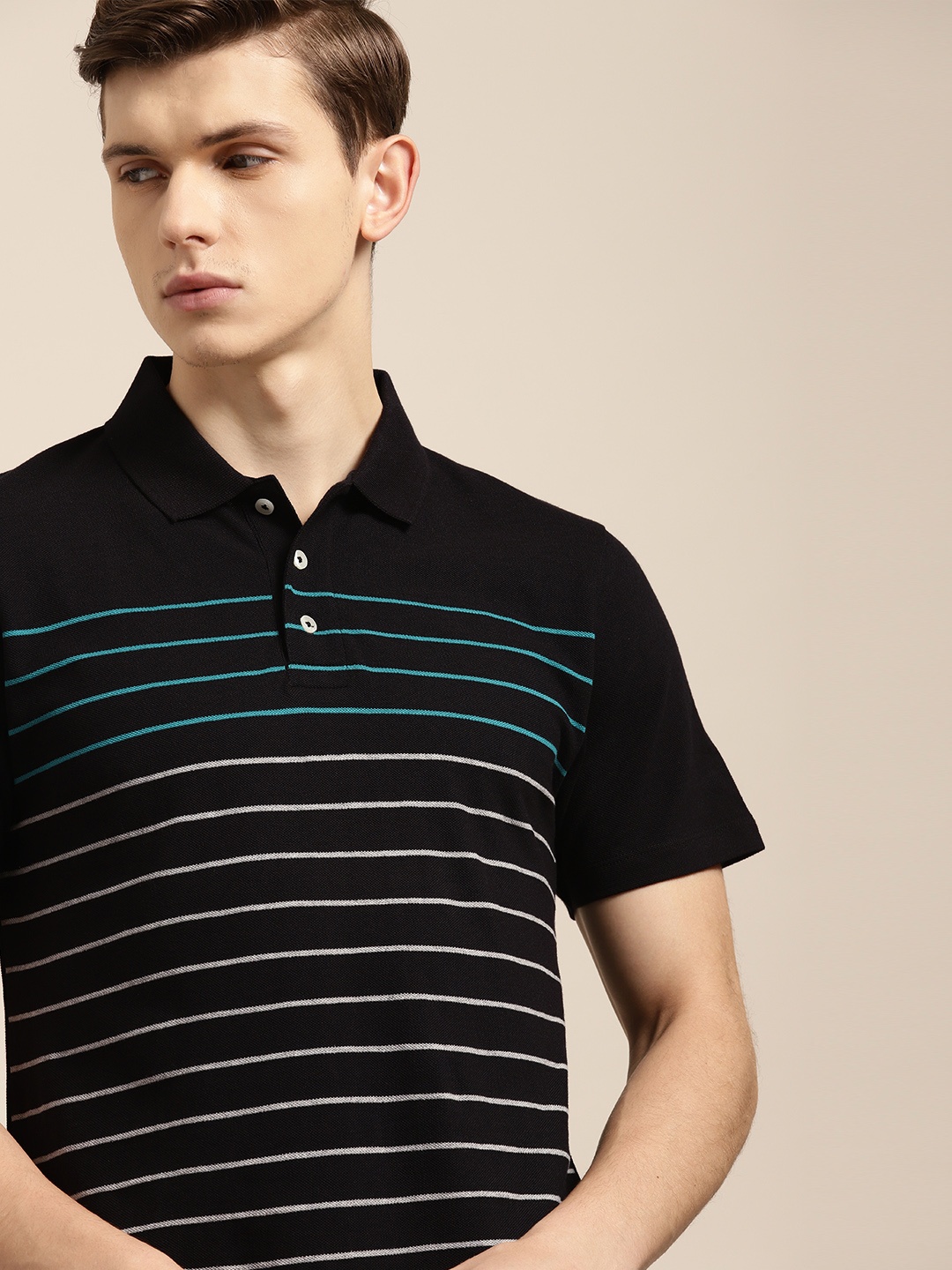 

INVICTUS Men Black Off-White Slim Fit Striped Polo Collar Pure Cotton T-shirt