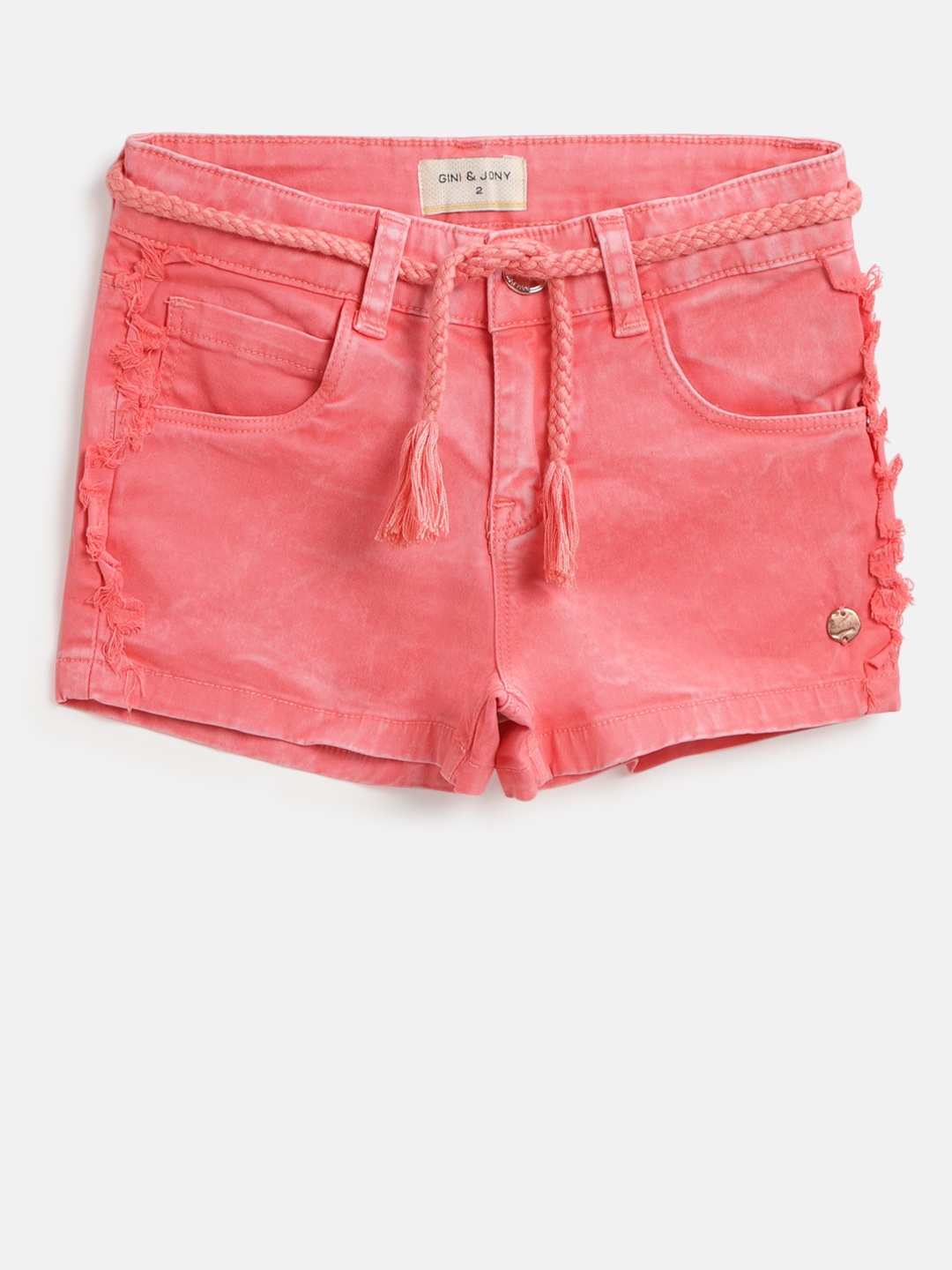 

Gini and Jony Girls Coral Pink Solid Regular Fit Denim Shorts