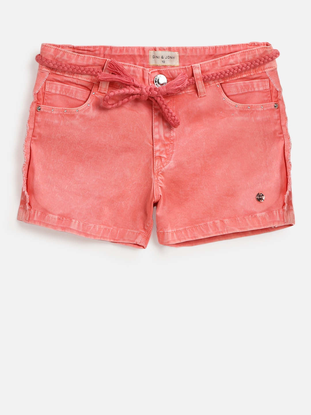 

Gini and Jony Girls Coral Pink Solid Regular Fit Denim Shorts