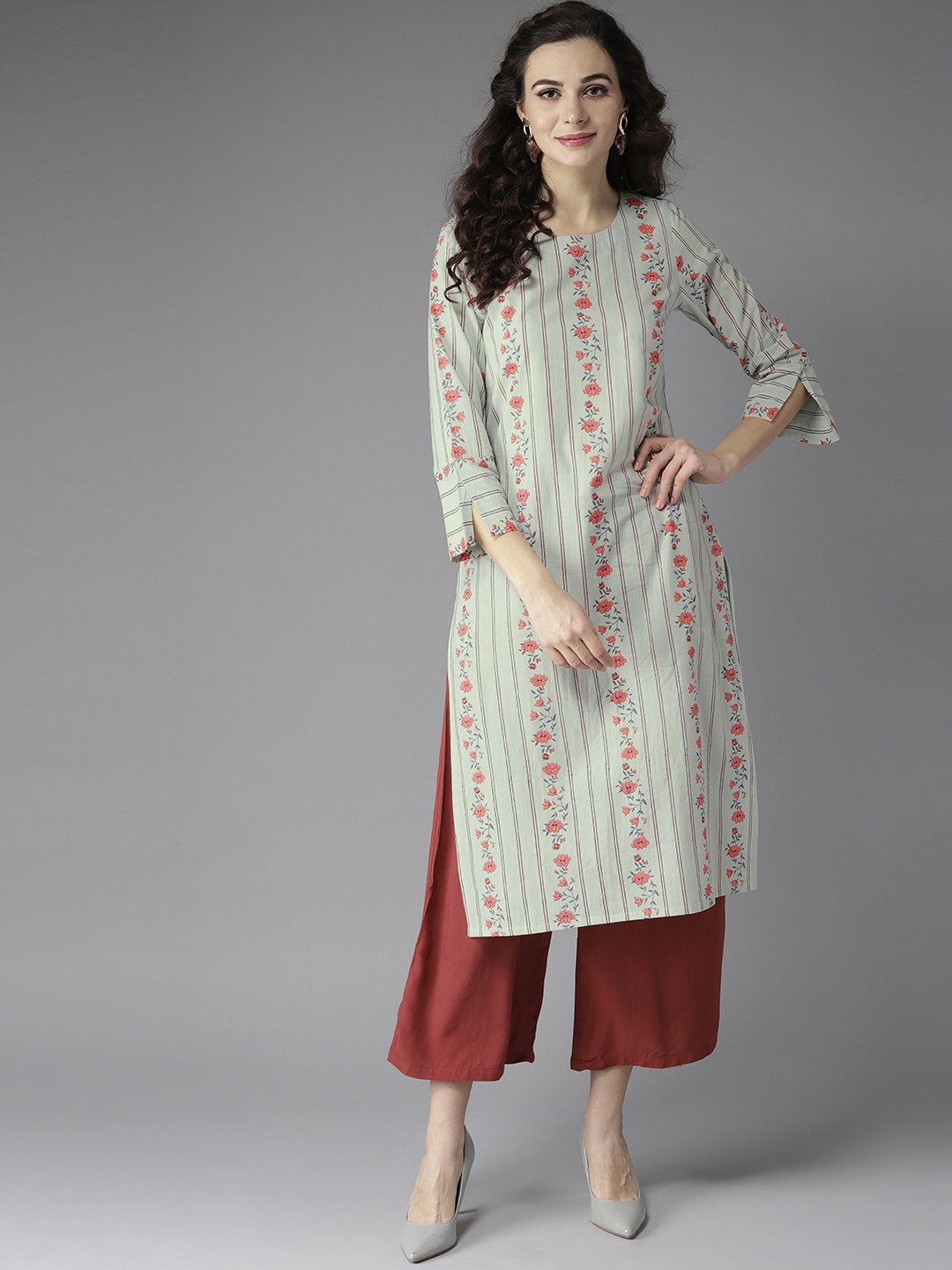 

Moda Rapido Women Pinstripes & Side Slits Straight Cotton Kurta, Sea green