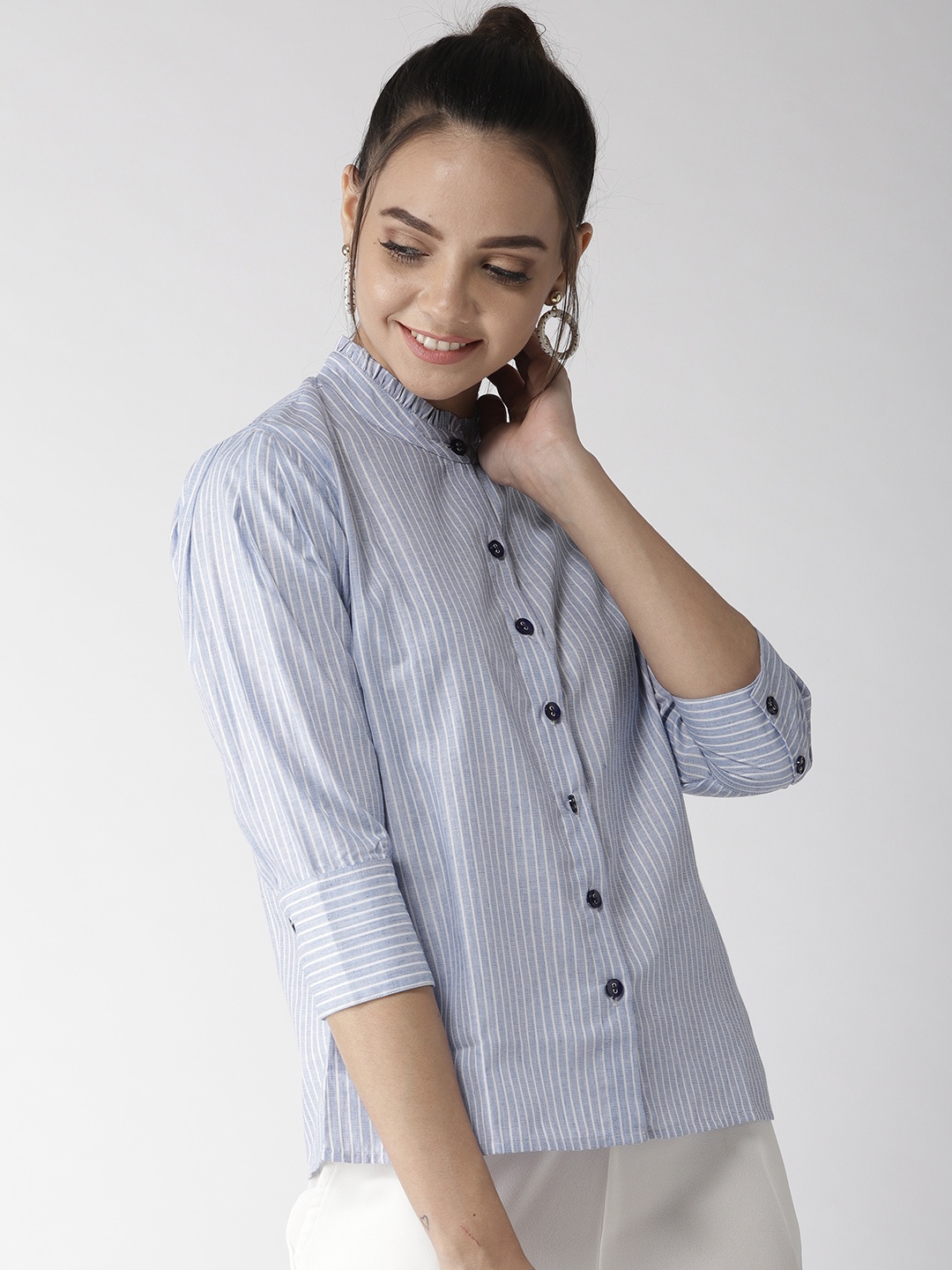 Style Quotient Women Blue & White Striped Shirt Style Pure Cotton Top