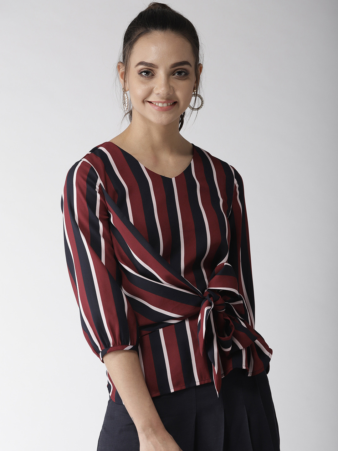 

Style Quotient Women Maroon & Navy Blue Striped Top