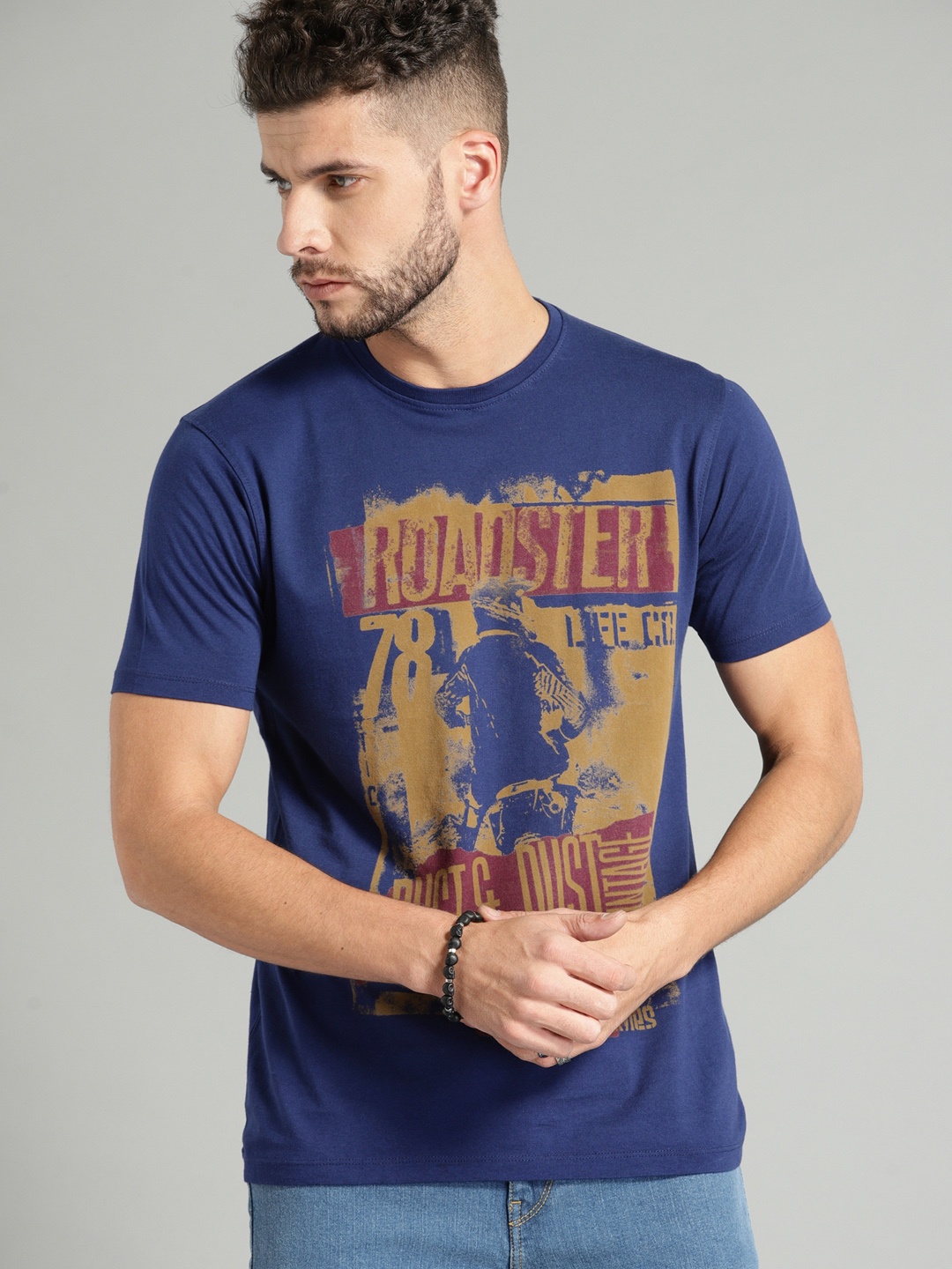 

The Roadster Lifestyle Co Men Blue Printed Round Neck Pure Cotton T-shirt