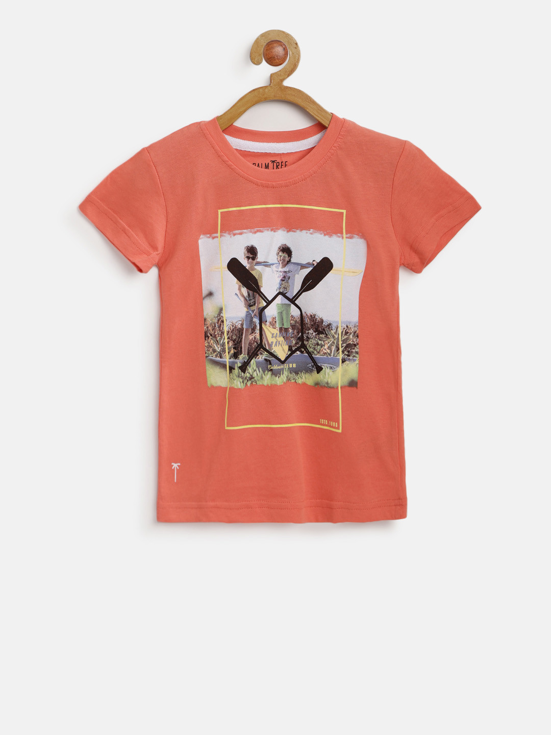 

Gini and Jony Boys Coral Orange Printed Round Neck Pure Cotton T-shirt