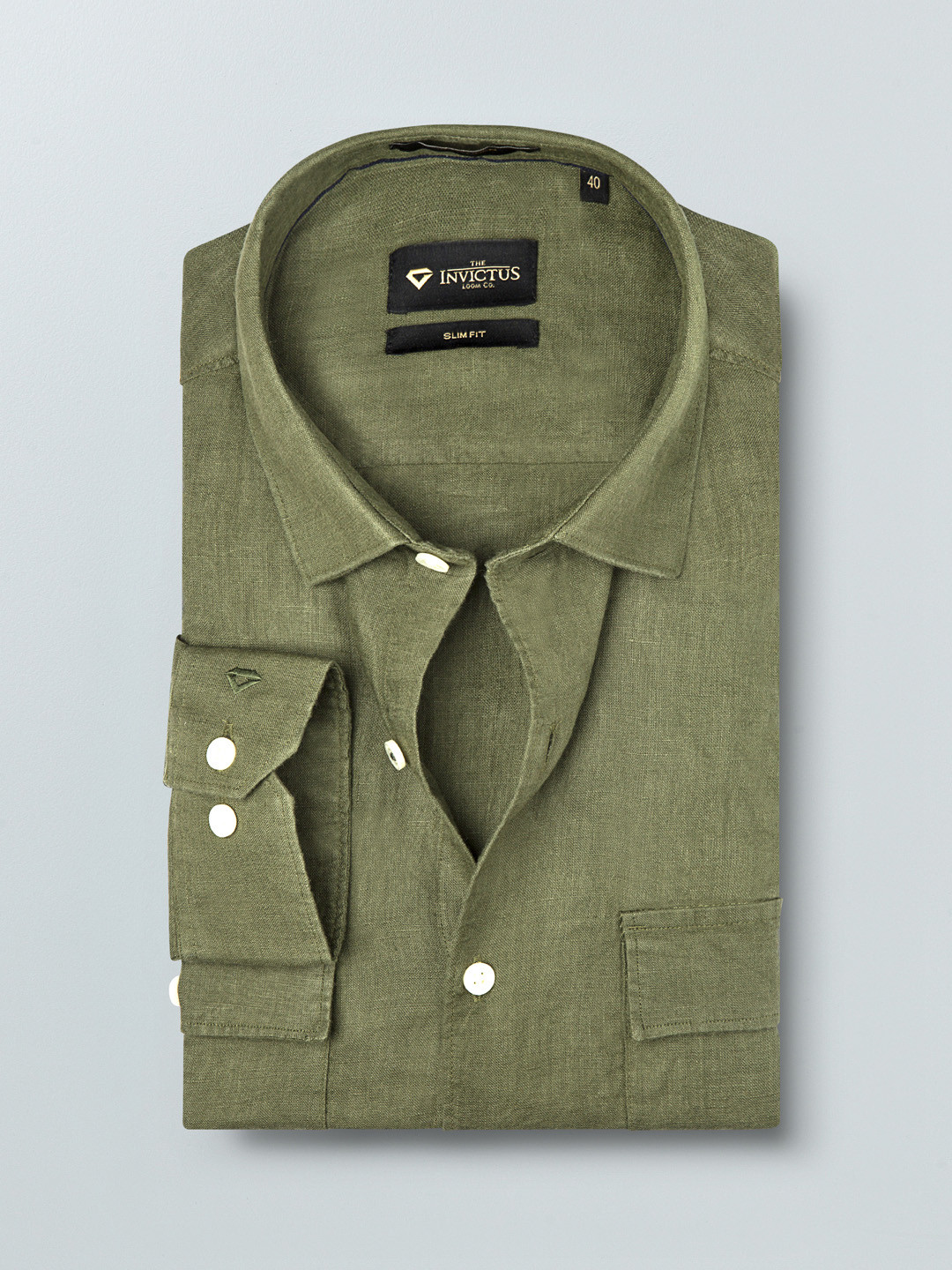 

INVICTUS Men Olive Green Slim Fit Solid Pure Linen Formal Shirt