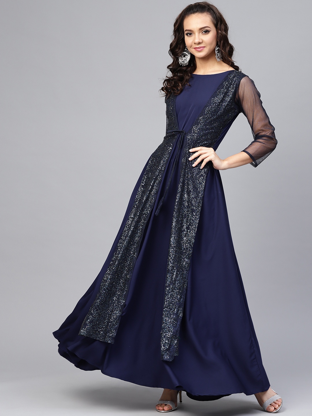 

Ahalyaa Women Navy Blue Solid Shimmery Layered Anarkali Kurta