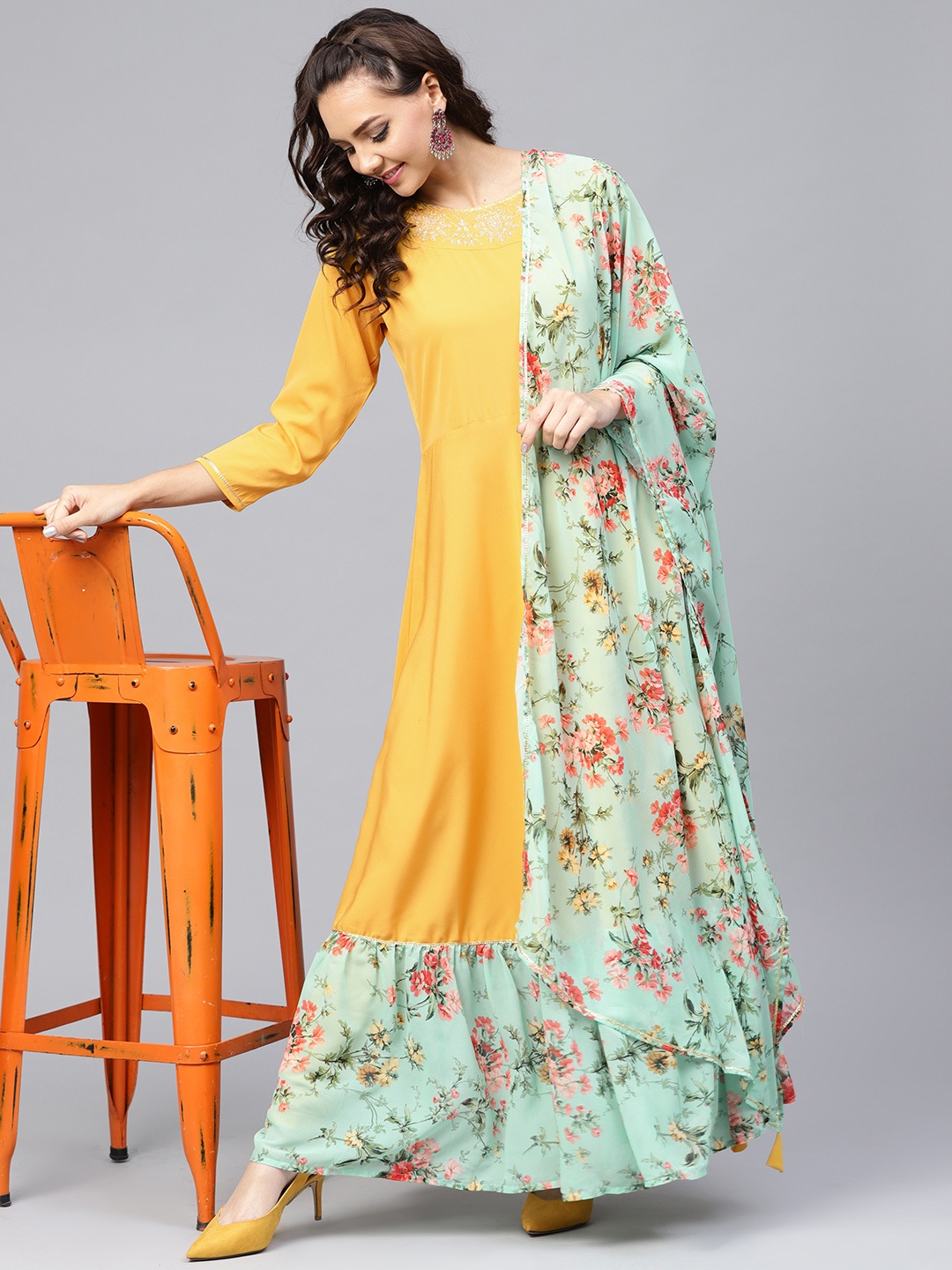 

Ahalyaa Women Mustard Yellow & Sea Green Layered Printed Maxi Dress with Dupatta