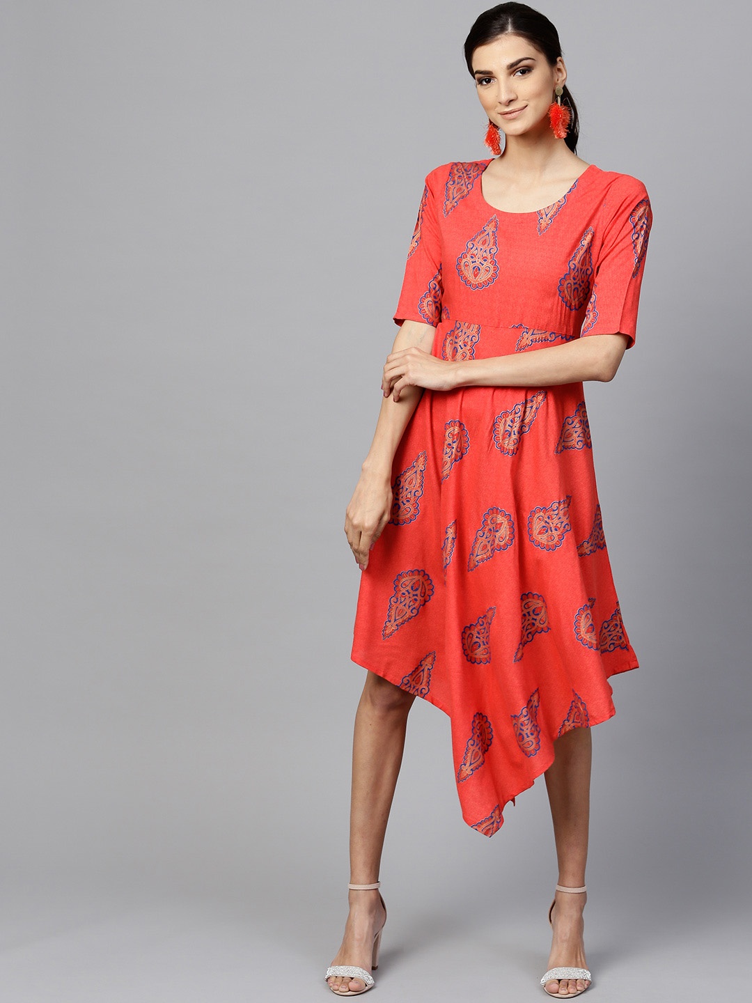 

Libas Women Red Printed A-Line Dress with Ethnic Jacket