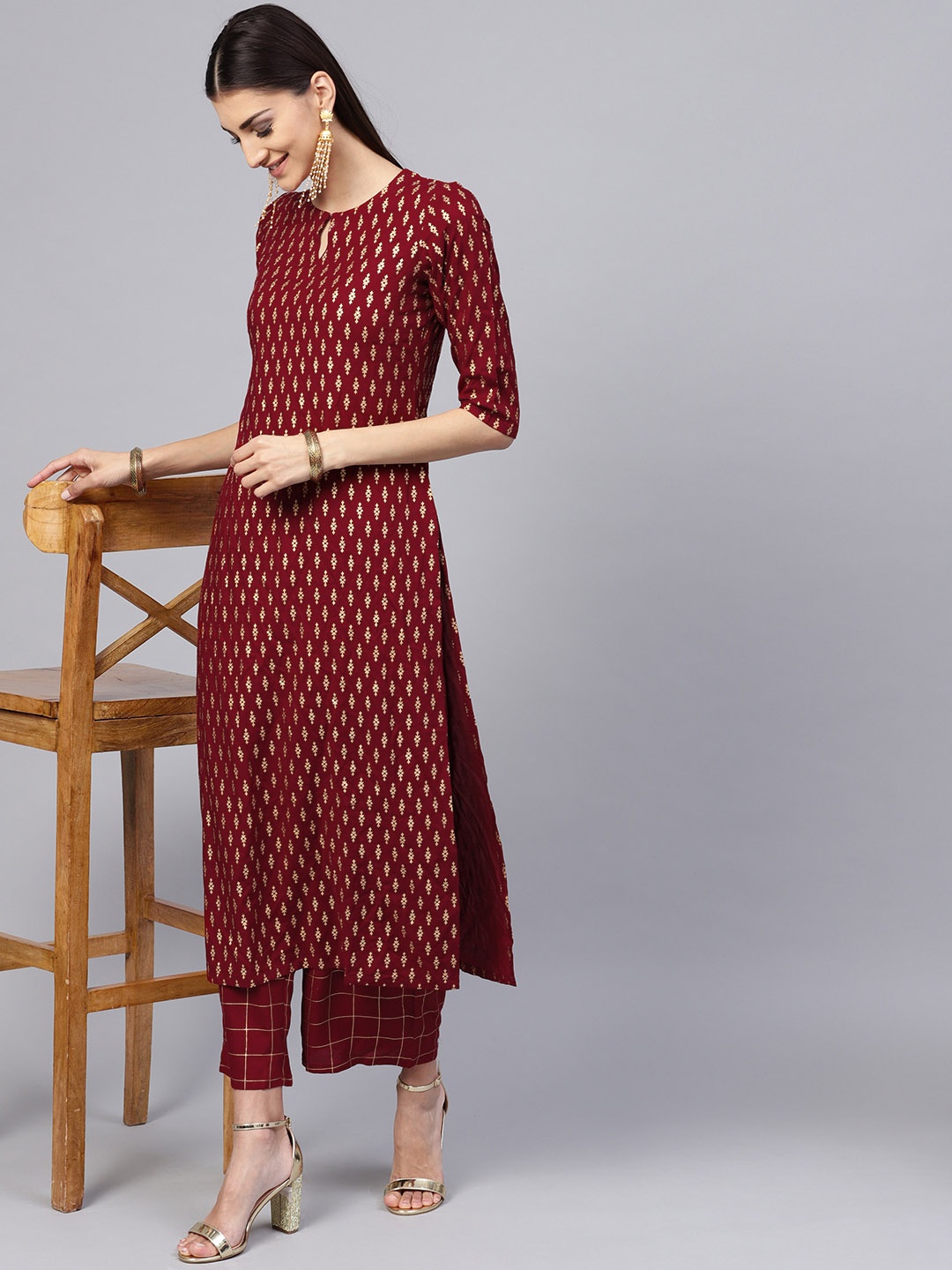 

Libas Women Maroon & Golden Block Print Kurta with Palazzos