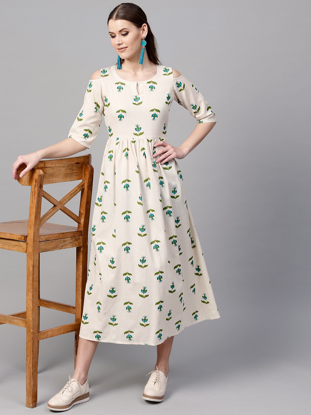 

Libas Women Off-White & Green Printed Midi A-Line Dress
