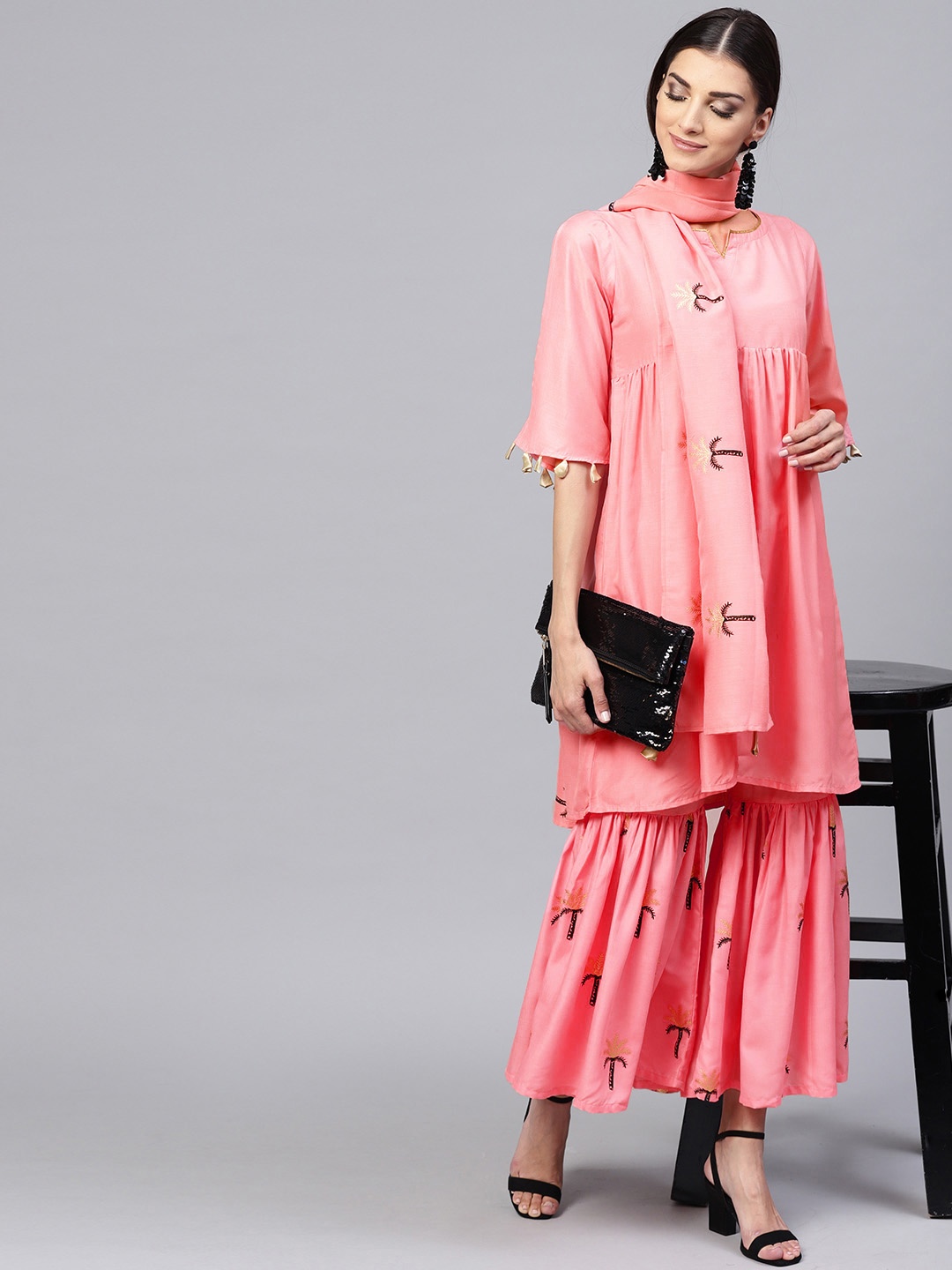 

Libas Women Pink Solid Kurti with Sharara & Dupatta