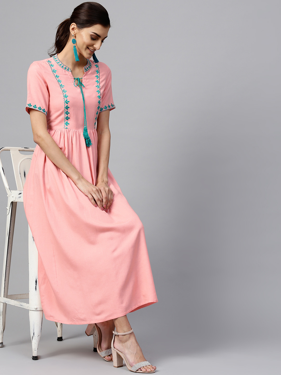

Libas Women Pink Solid Maxi Dress with Embroidered Detail