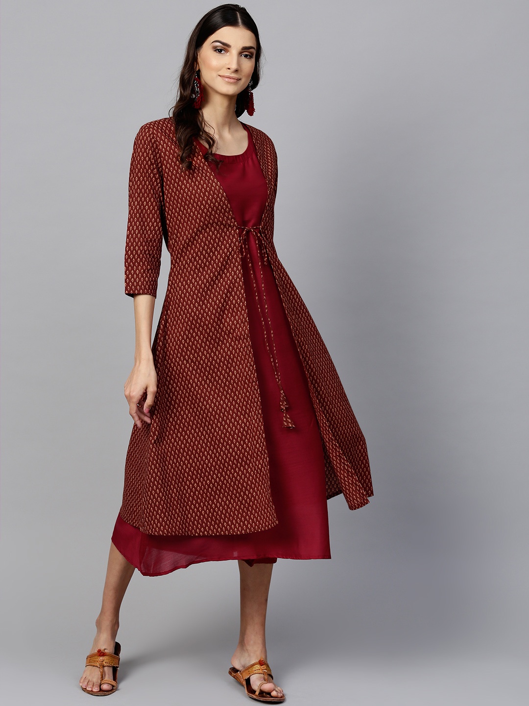 

Libas Women Maroon & Brown Solid A-Line Dress with Ethnic Jacket