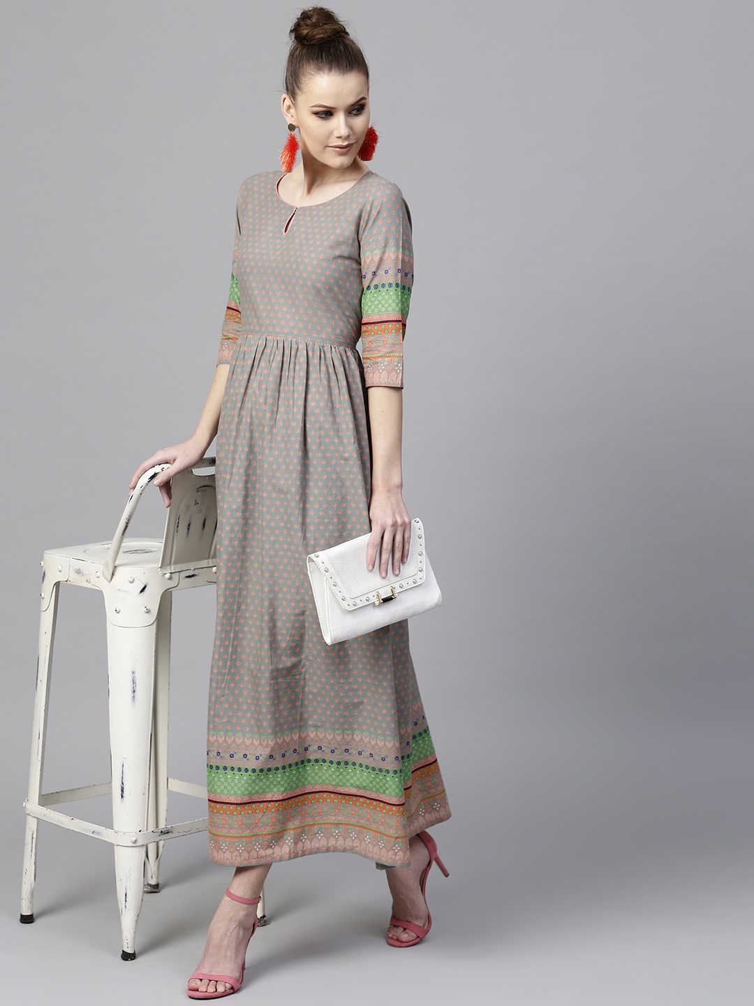 

Libas Women Olive Green & Coral Orange Printed Maxi Dress