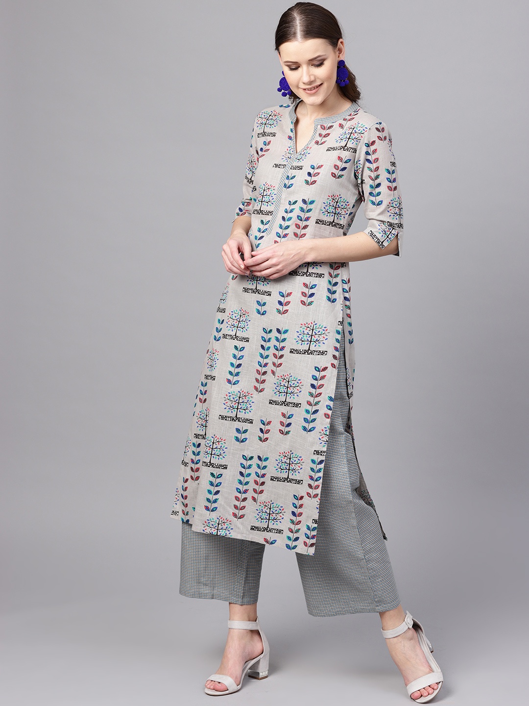 

Libas Women Grey & Blue Printed Kurta with Palazzos
