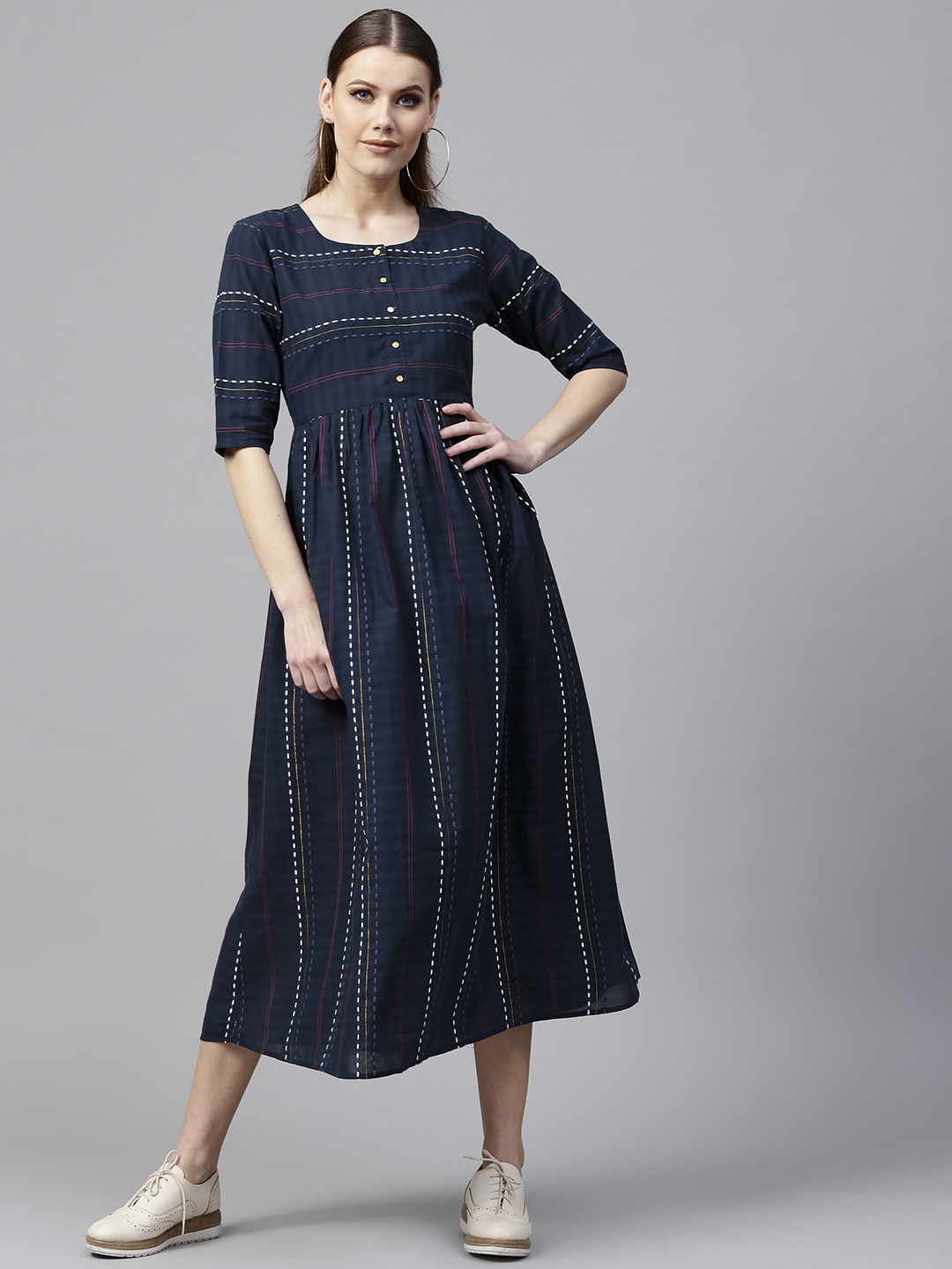 

Libas Women Navy Blue Striped Midi A-Line Dress